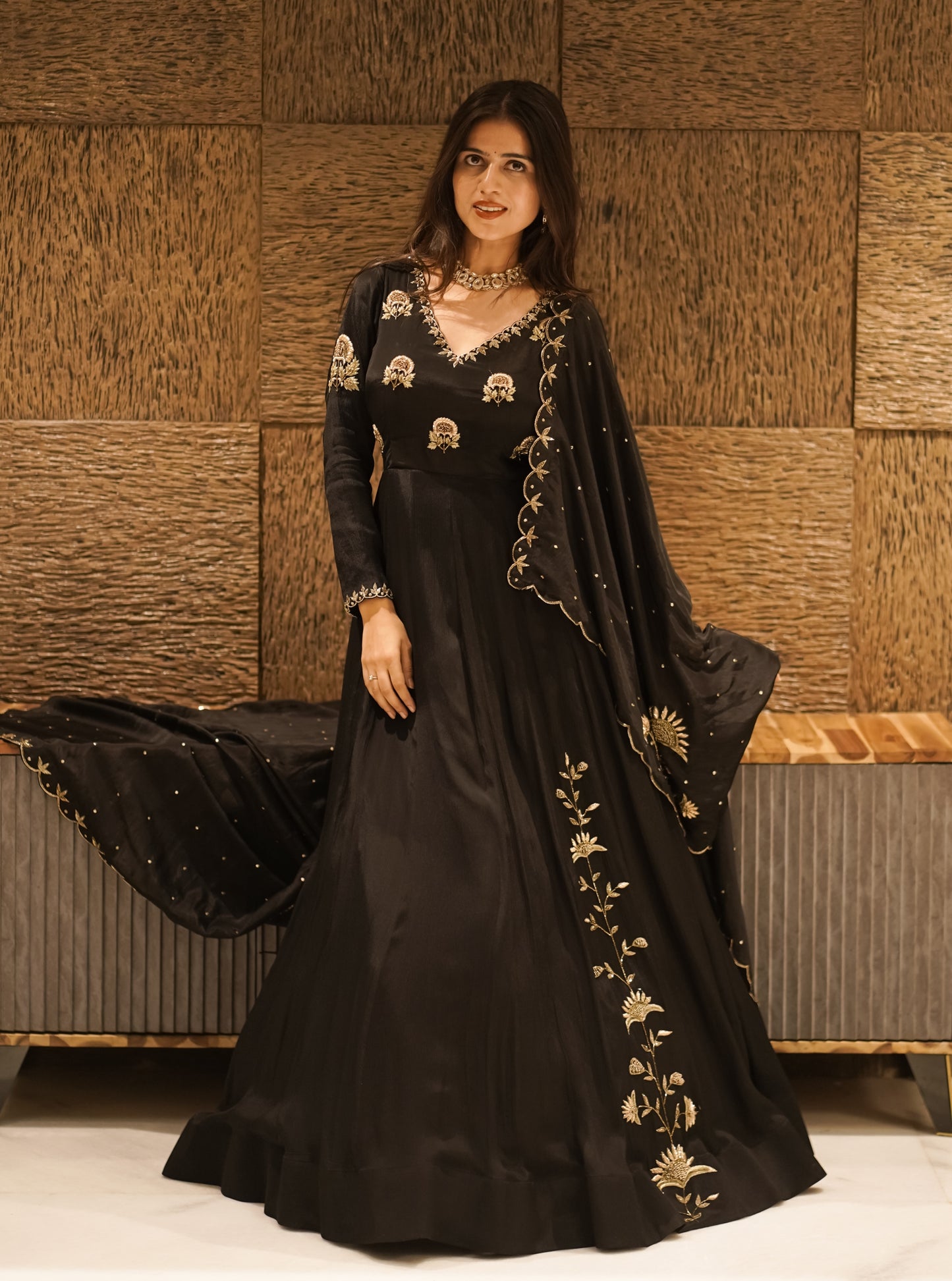 black anarkali with a matching dupatta.