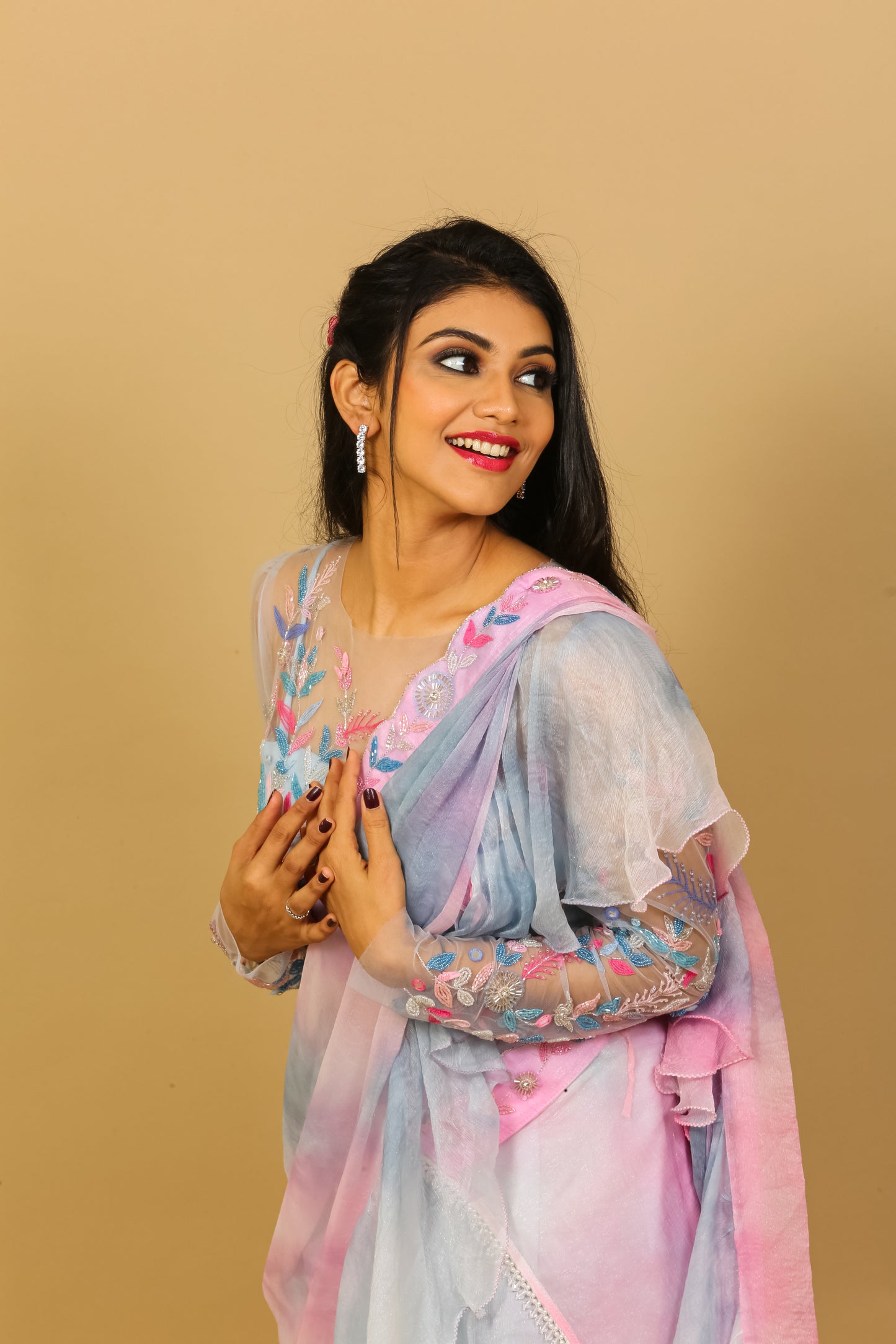 Custom size designer drape saree ideal for cocktail party.