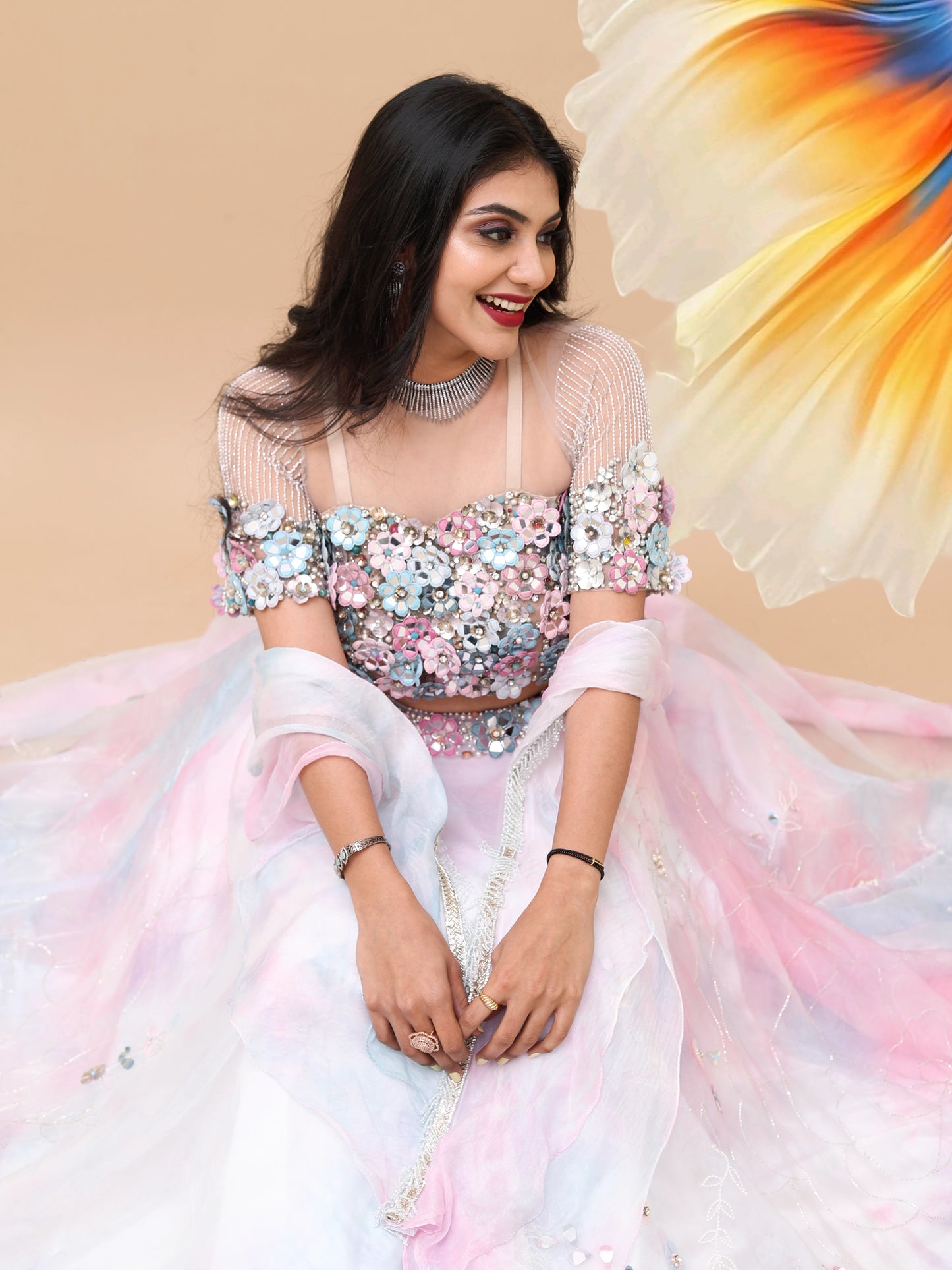 Pink custom Indian lehenga with 3D mirror blouse, perfect for cocktail parties and sangeet.