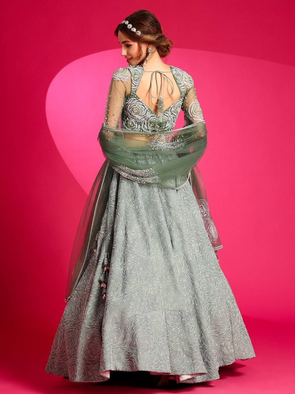 Elevate your mehendi look with a custom size designer Camouflage Green outfit.