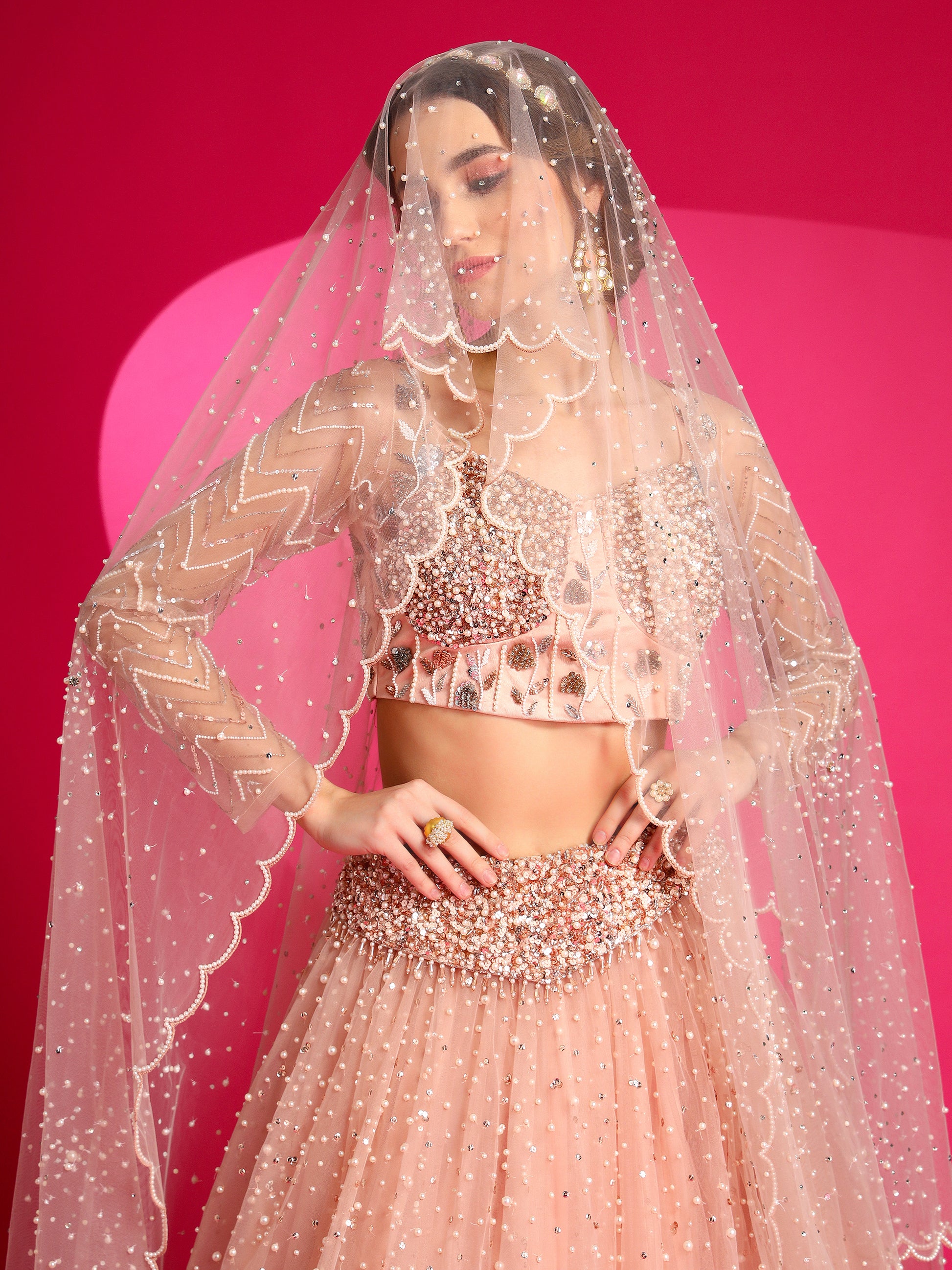 Rose gold modern designer lehenga perfect for an engagement