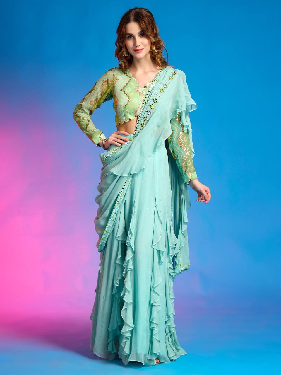 La bonita drape pale blue saree with cutwork.
