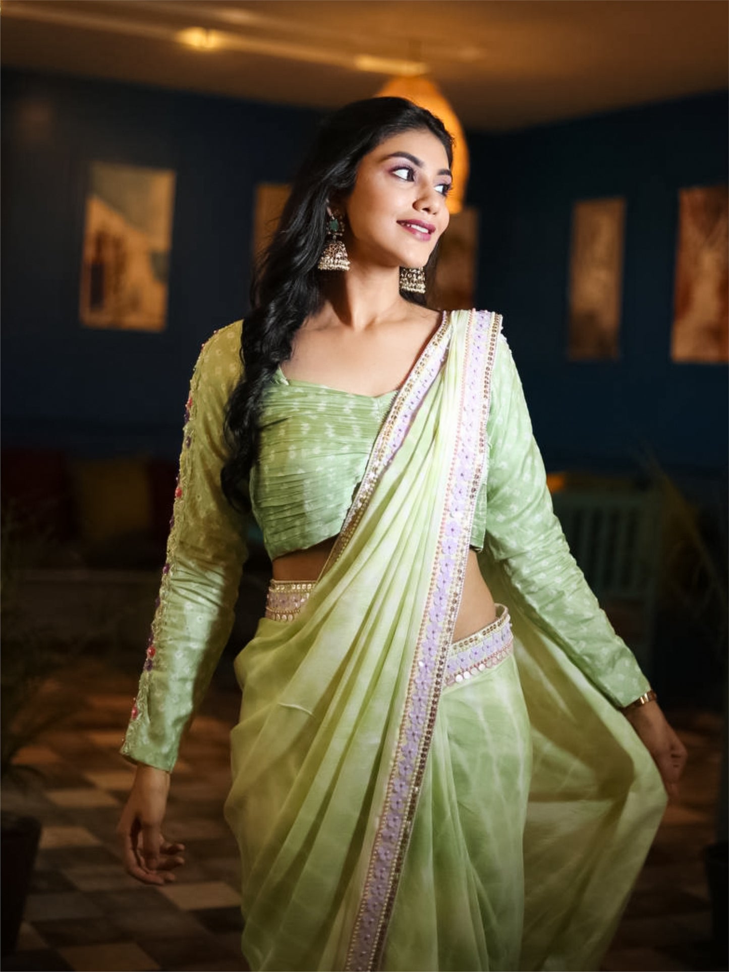 Green custom size drape saree with tussar silk bandhej blouse.