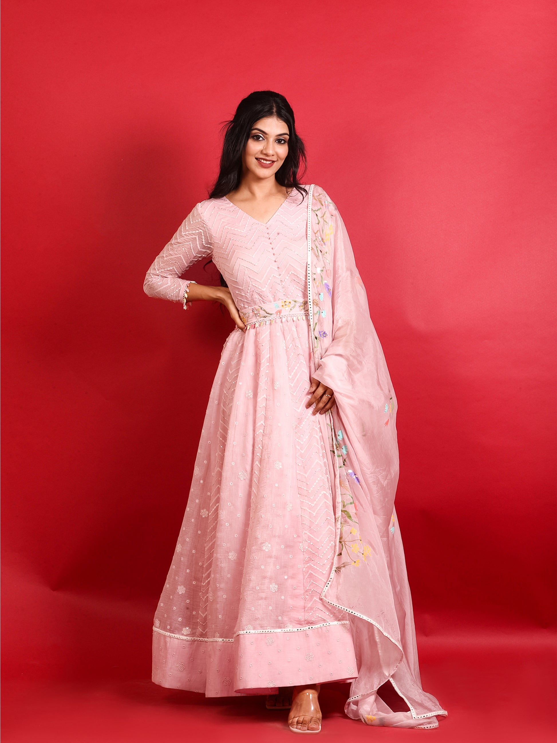 Pink Anarkali suit with silk dupatta, perfect choice for festivals and Pre-wedding.