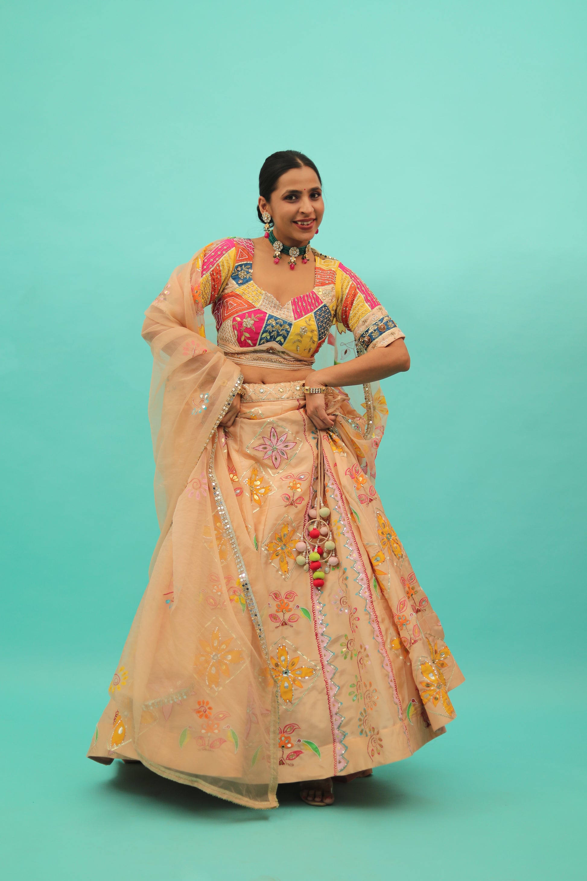 indian designer hand painted lehenga set.