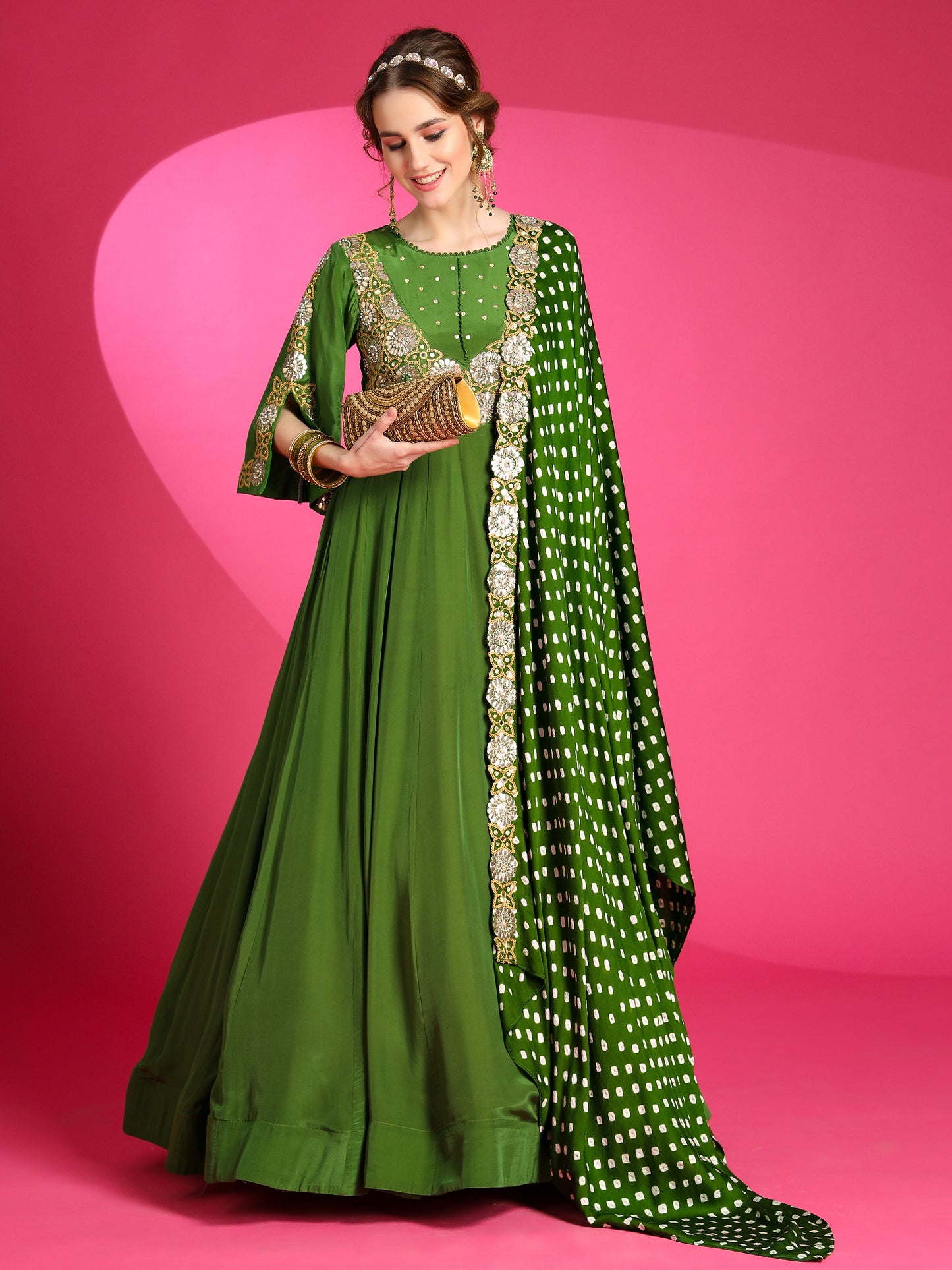 Indian designer gown with silk bandhej dupatta. 