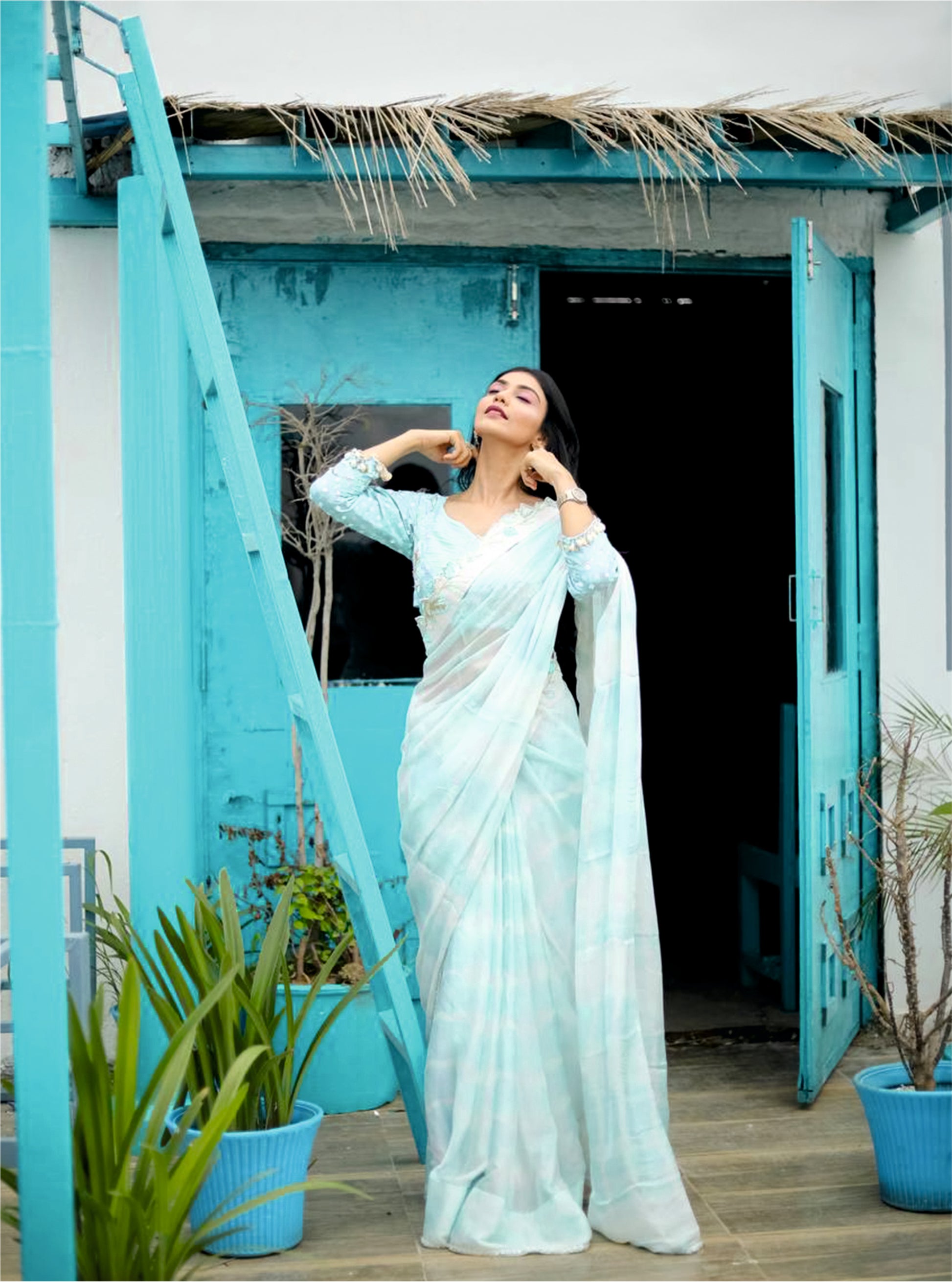 Being Papped Saree in powder blue color by harry wed kelly.