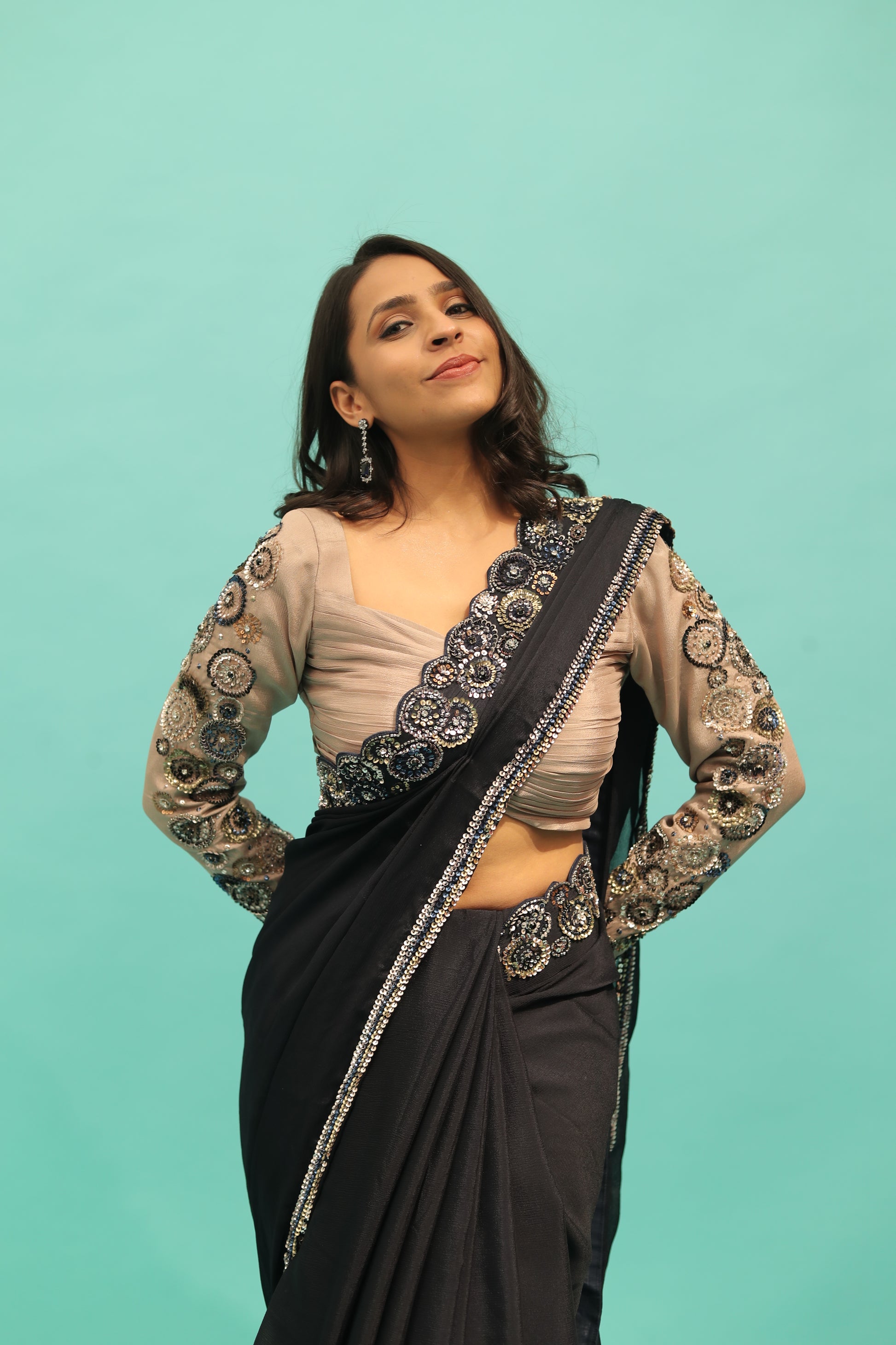 Black saree  with Chinon fabric for cocktail parties or any evening functions