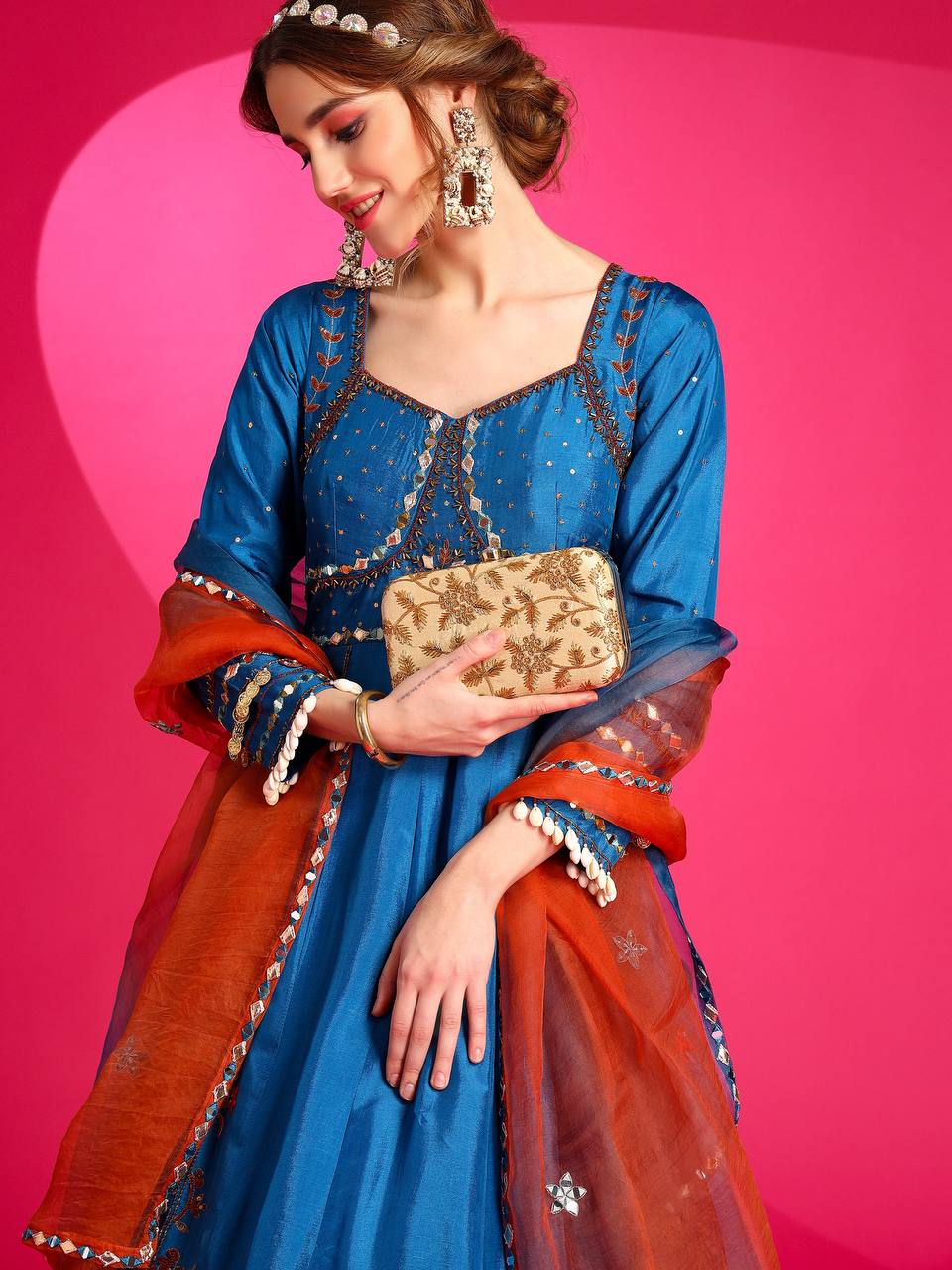 Steel blue Indo Western gown with shaded dupatta.