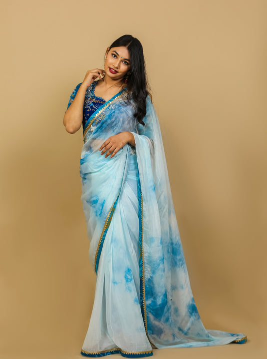 Designer blue silk saree perfect choice for diwali.