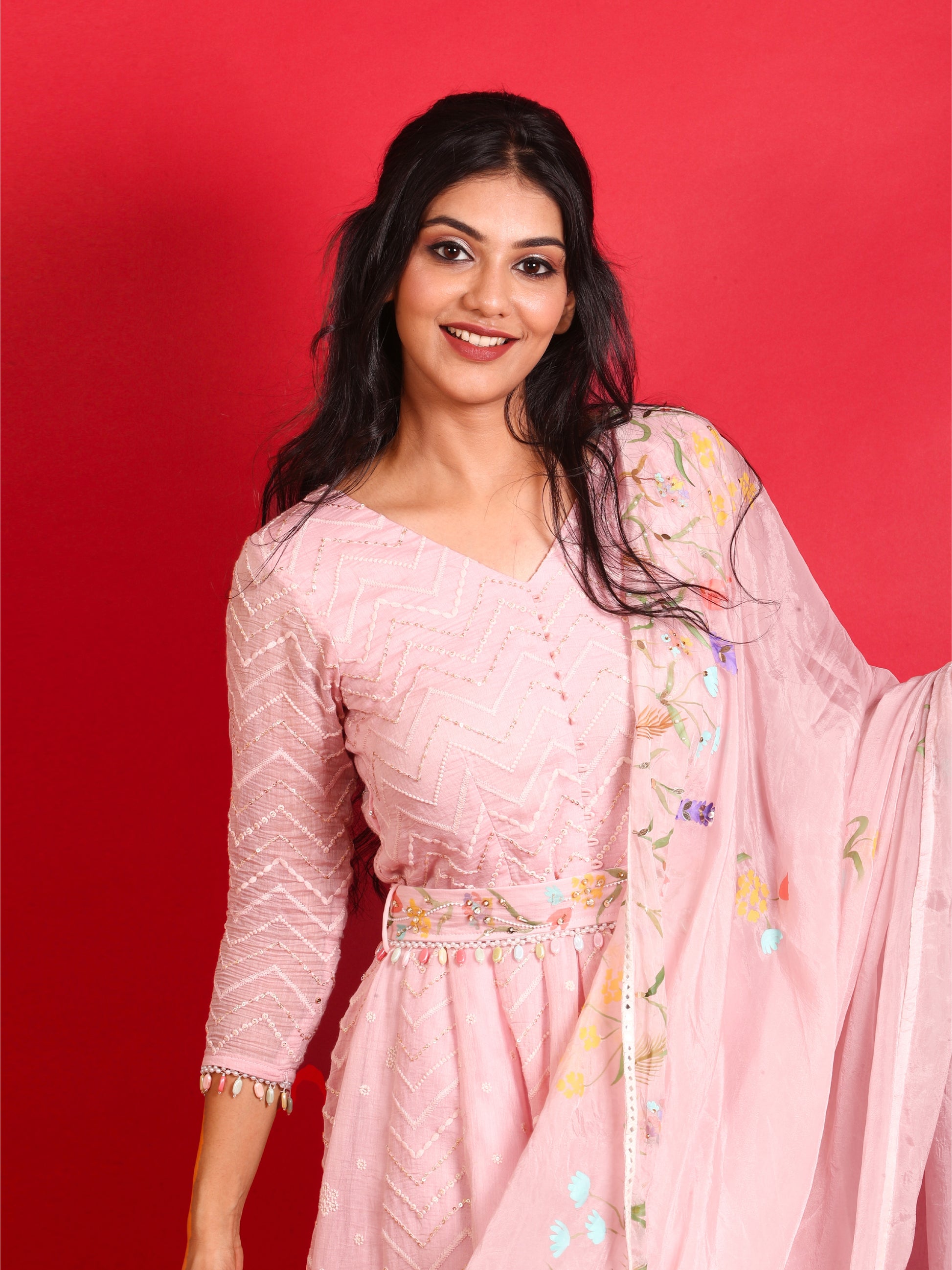 Pink anarkali crafted from chanderi fabric by harry wed kelly.