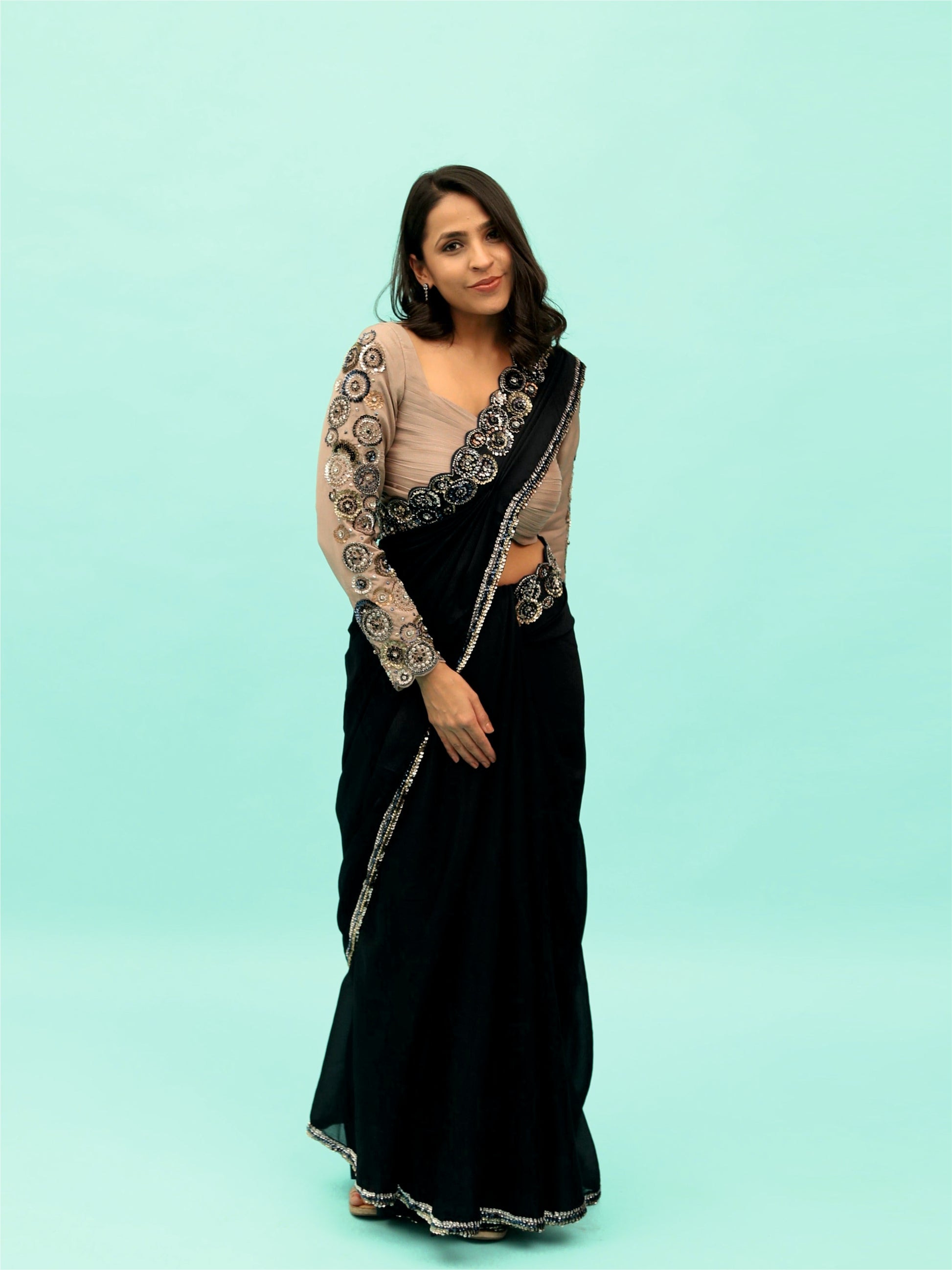 Elevate you style with Midnight Blue Saree crafted with Chinon fabric, Perfect for any special occasion