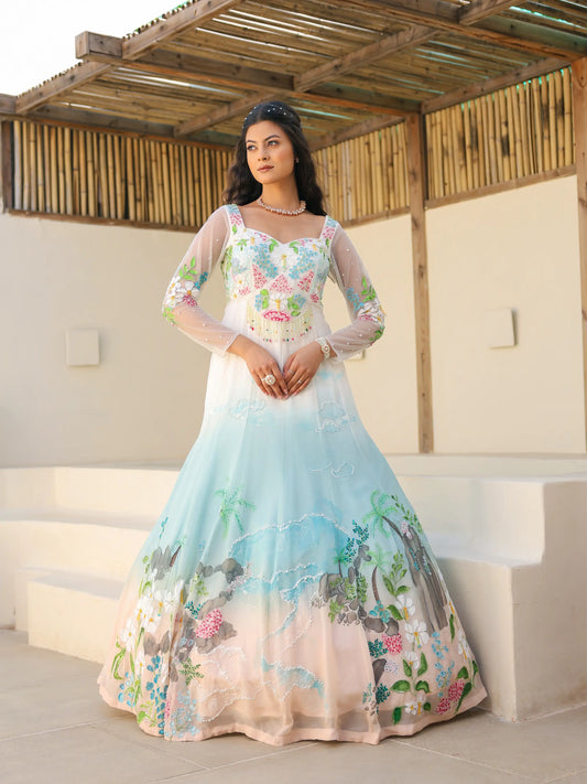Full length coastal ombre viscose organza gown featuring tropical shoreline motifs and embroidered detailing