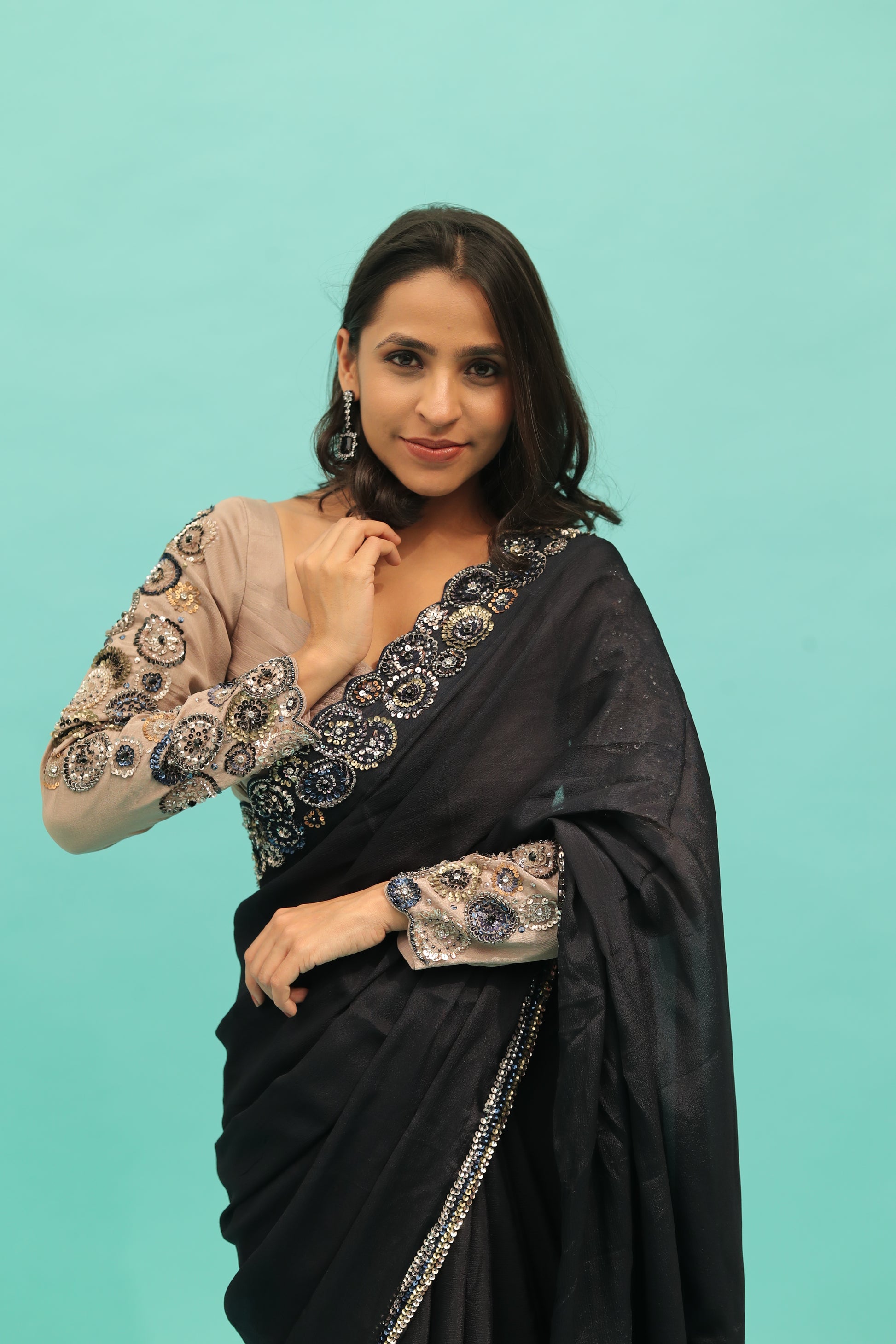 custom size fashionable black saree by harry wed kelly.