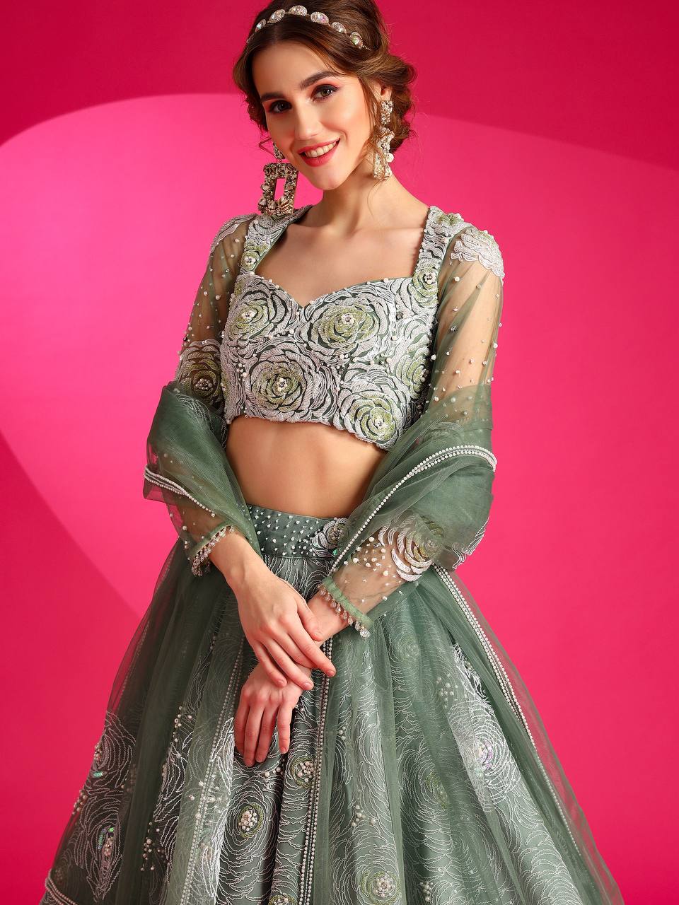 Camouflage dark green custom size lehenga set for weddings.