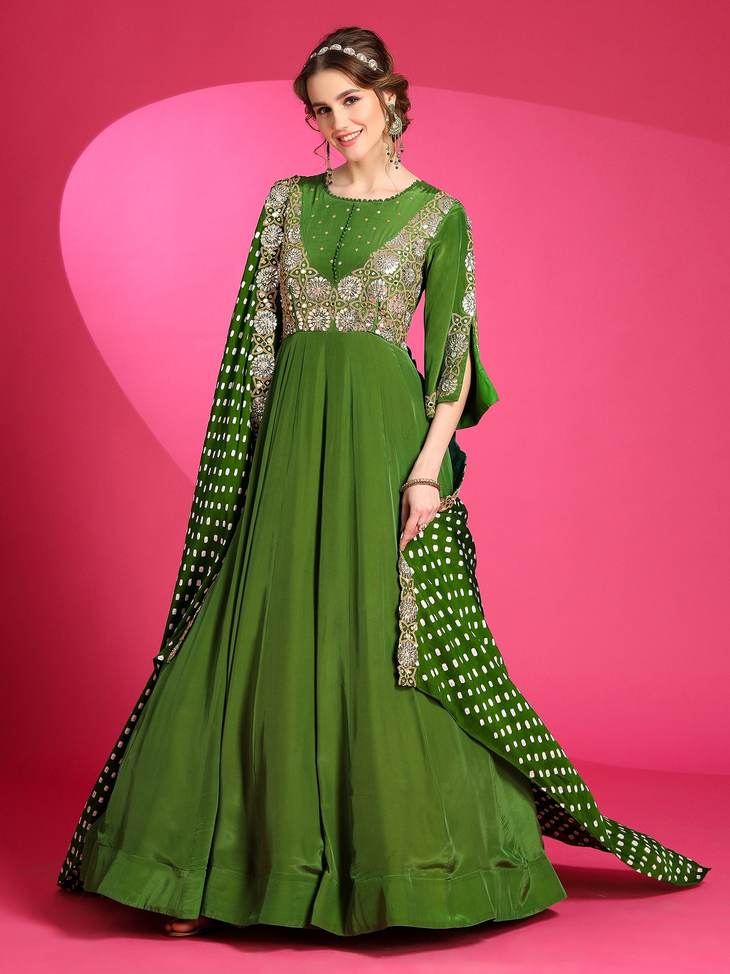 olive green designer mehndi gown by harry wed kelly