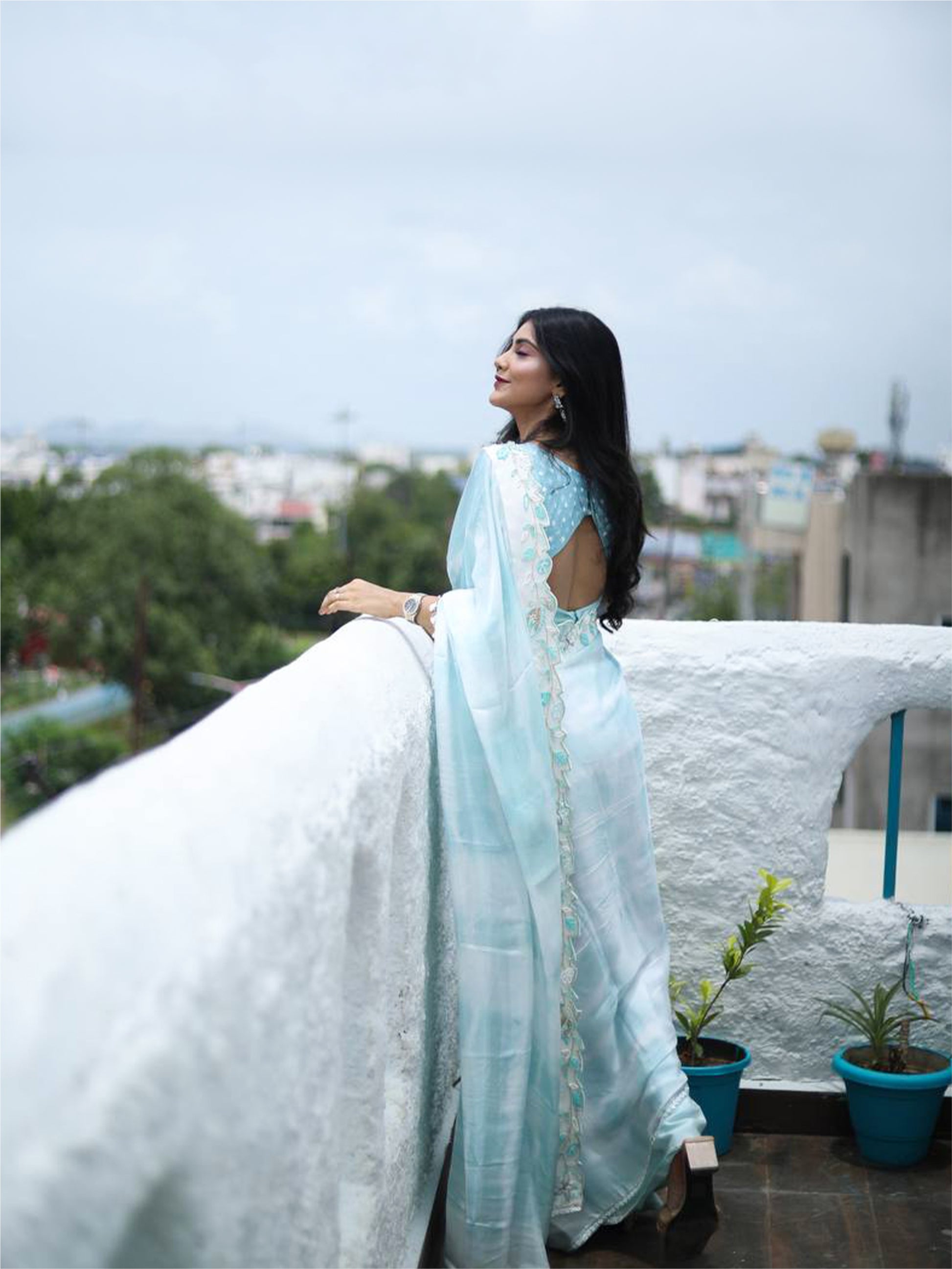 poth saree Powder blue designer silk saree with tussar silk bandhej blouse. – Harry Wed Kelly