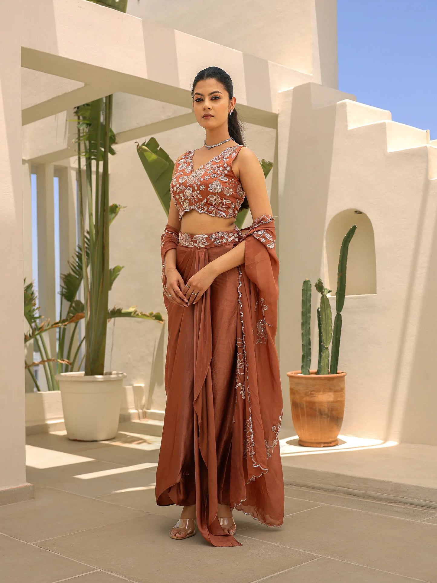 appliqué embroidered blouse paired with mocha gazi silk draped skirt and embroidered dupatta front view