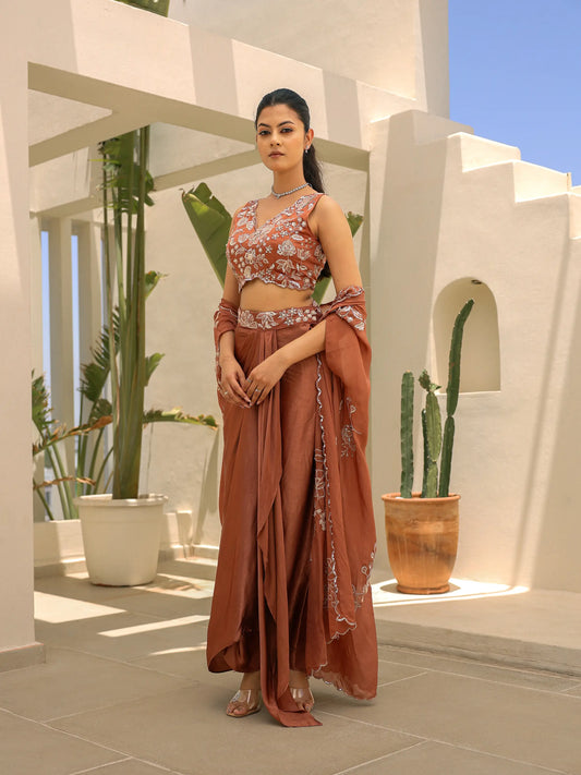 appliqué embroidered blouse paired with mocha gazi silk draped skirt and embroidered dupatta front view