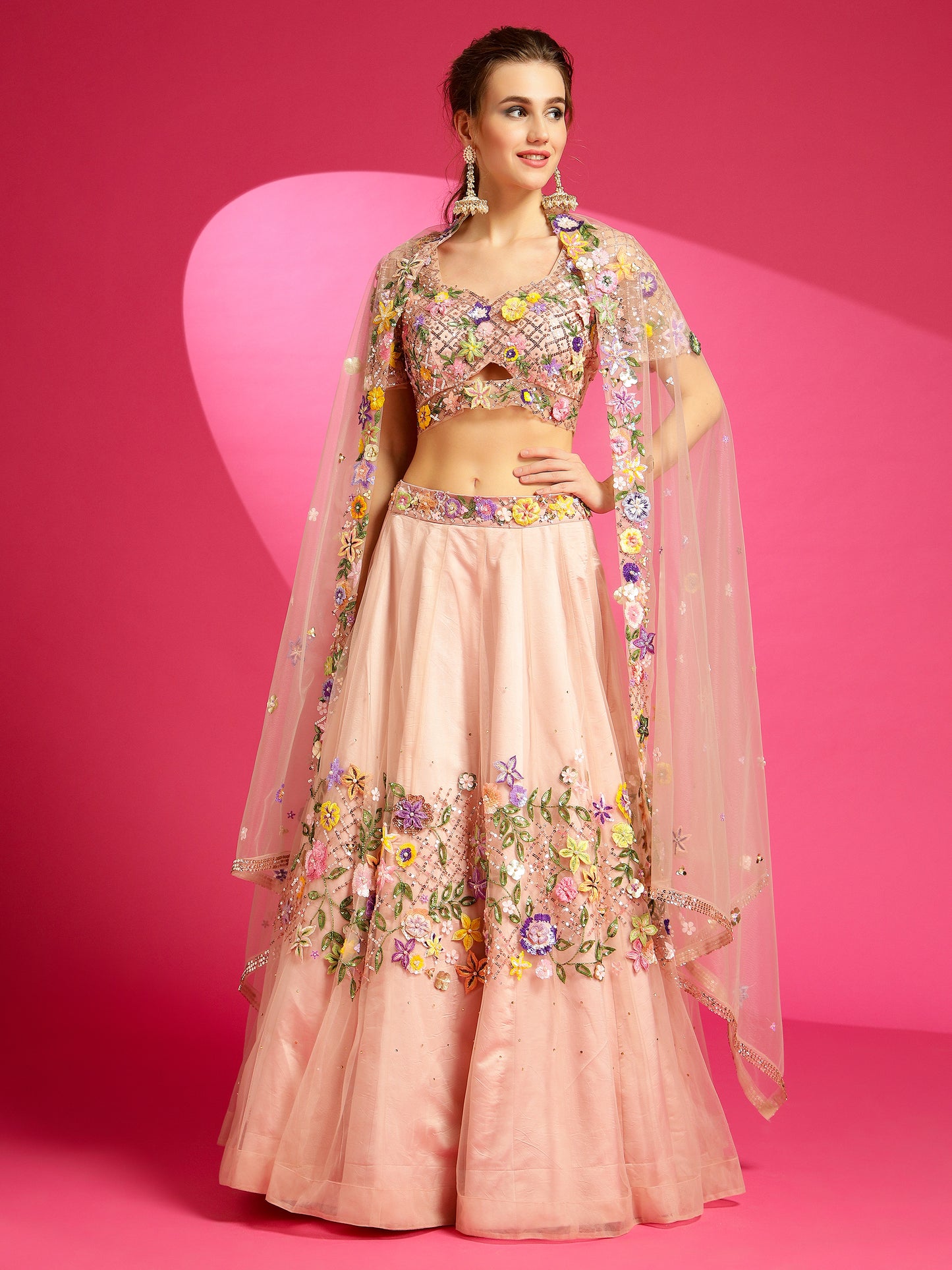 bring joy to every occasion with misty rose multi color lehenga set.