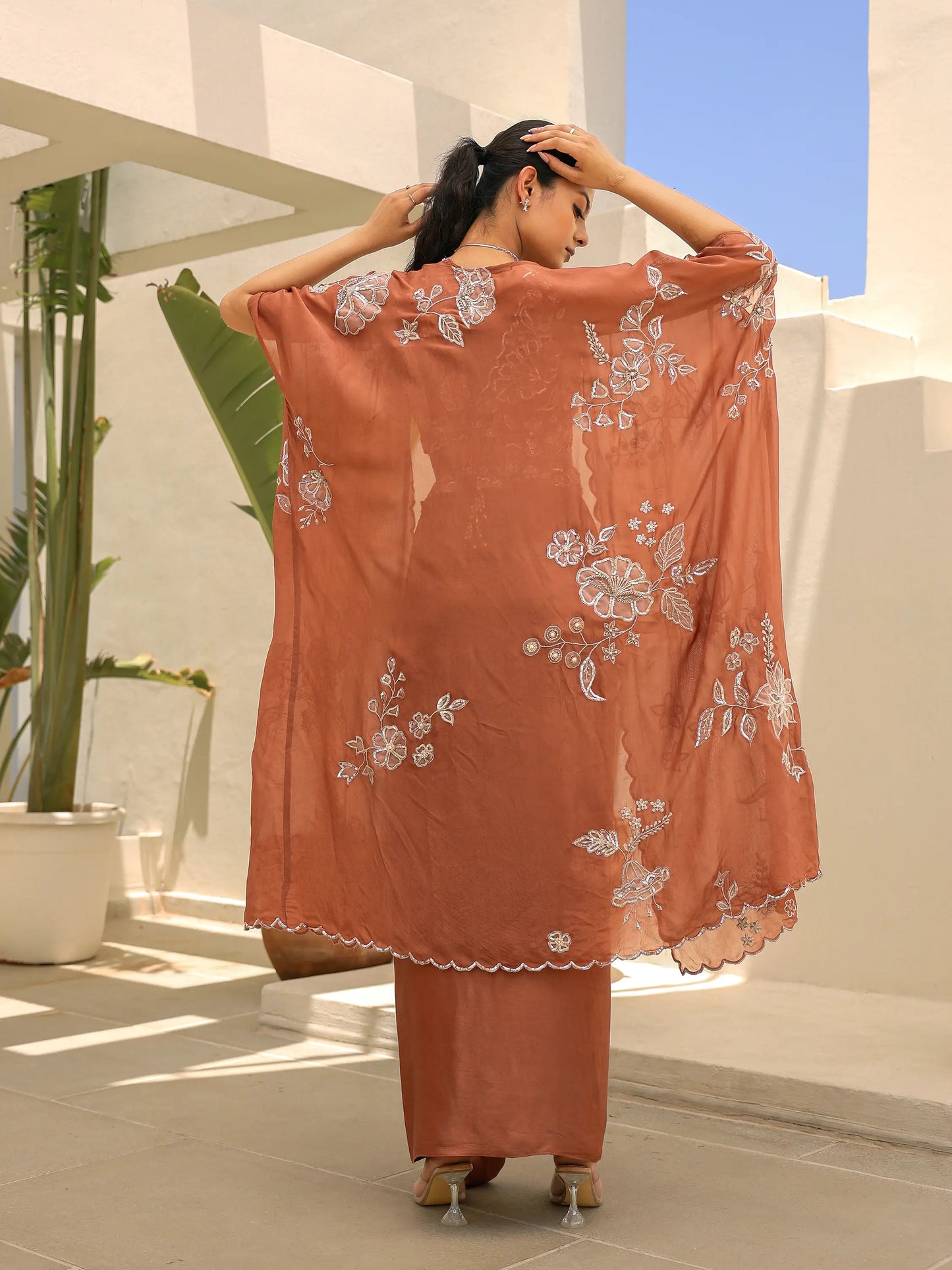 floral appliqué embroidered dupatta in mocha tone styled with gazi silk draped skirt set back view