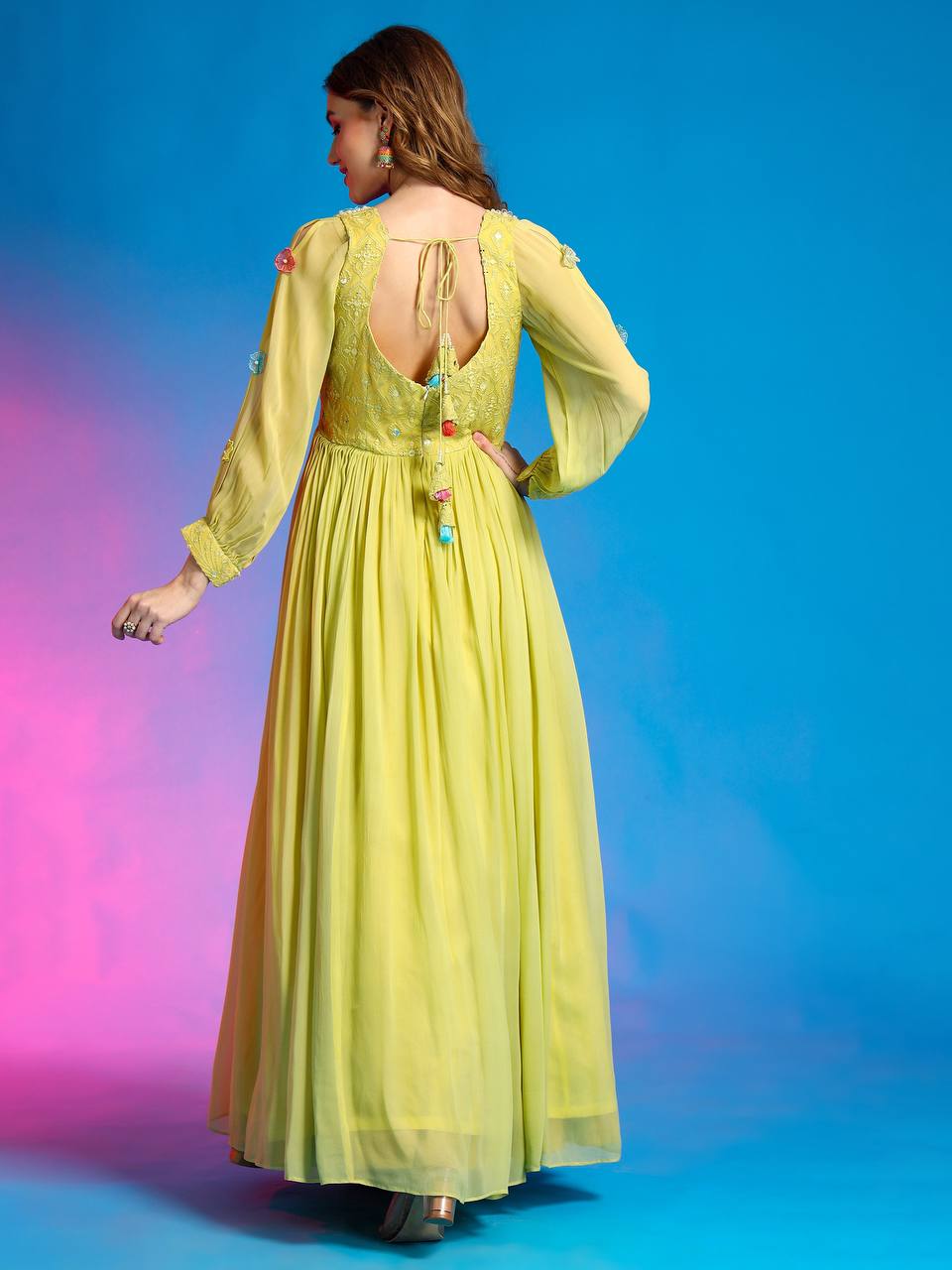 Designer yellow gown ideal for haldi ceremonies.