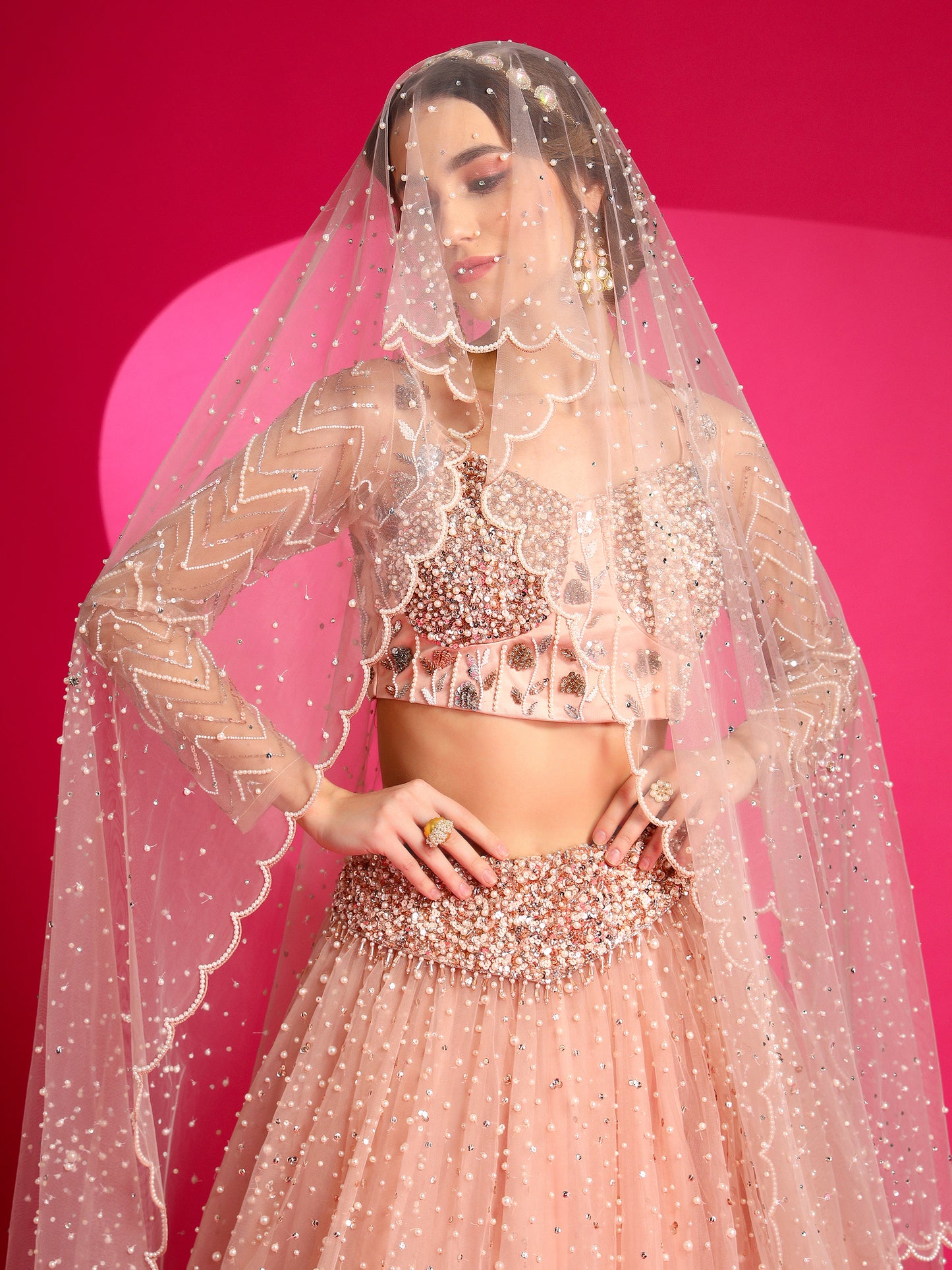 Rose gold modern designer lehenga perfect for an engagement 