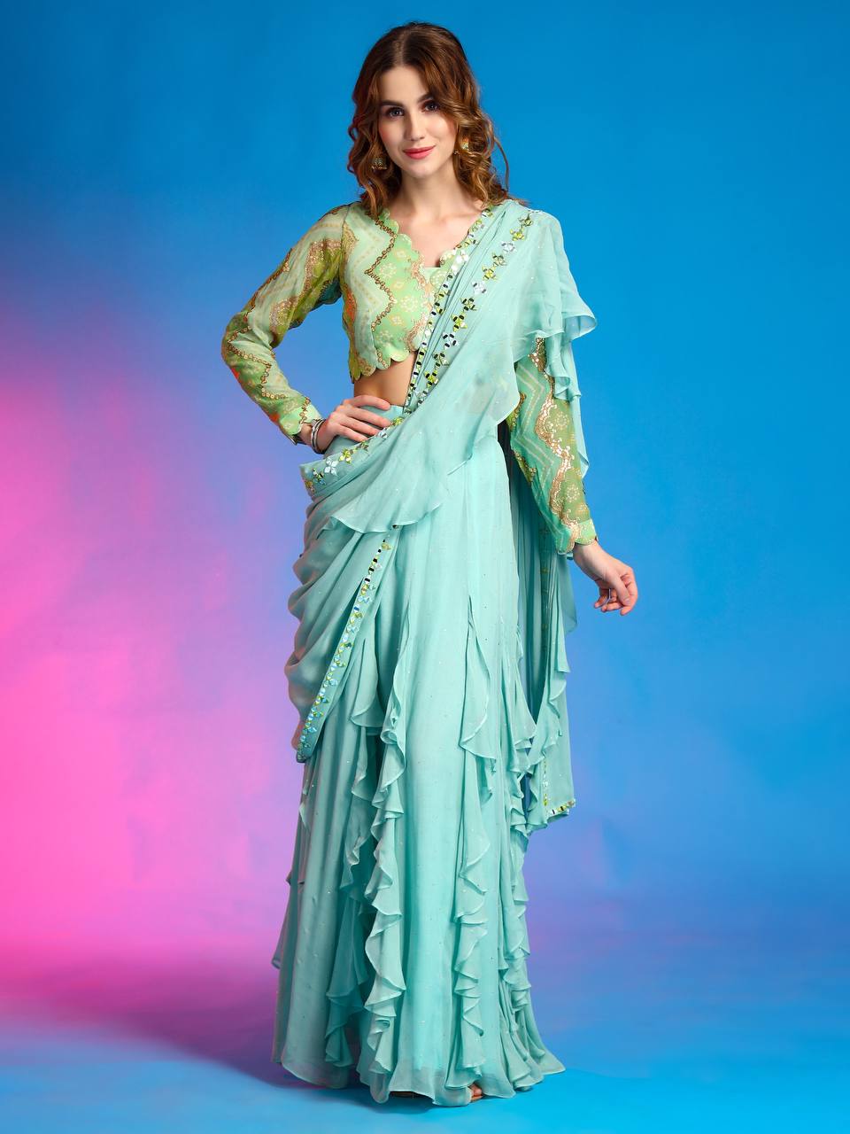 La bonita drape pale blue saree with cutwork. 