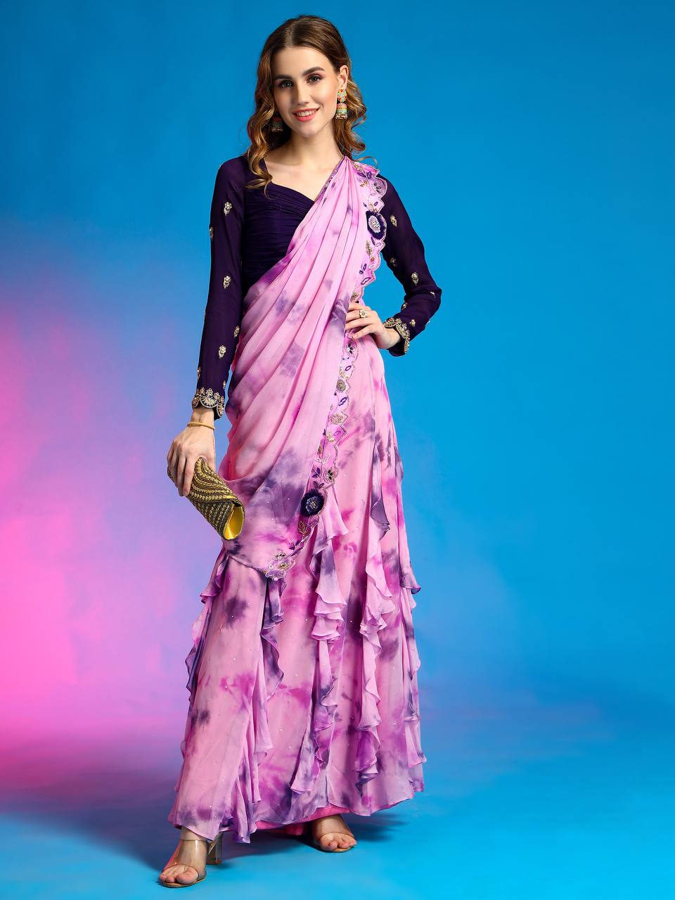 La bonita drape saree: lilac & blue elegance, ruffle kalis, cutwork sleeves, perfect for every event!