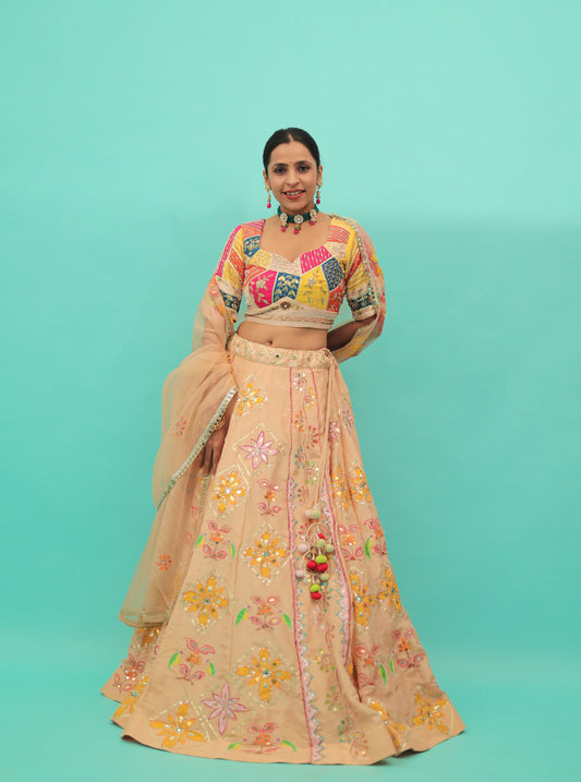 Indian designer multicolored lehenga with embroidery for haldi ceremony.