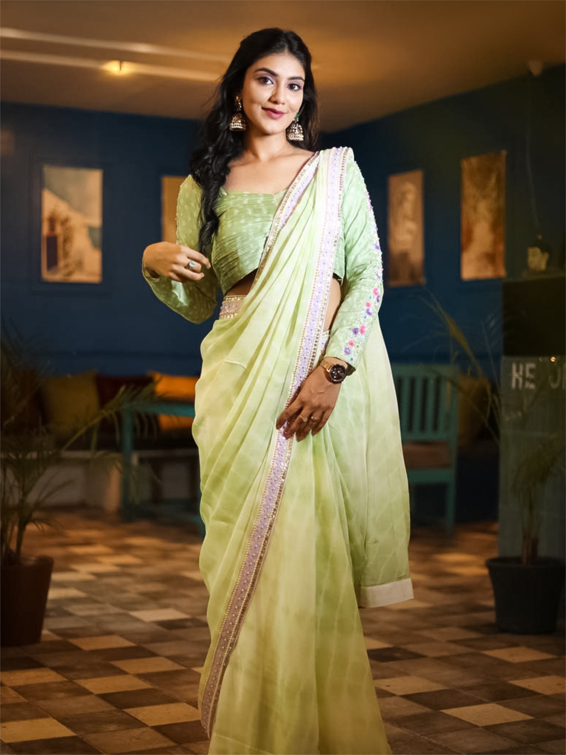 Green tie and dyed silk saree for mehendi function.