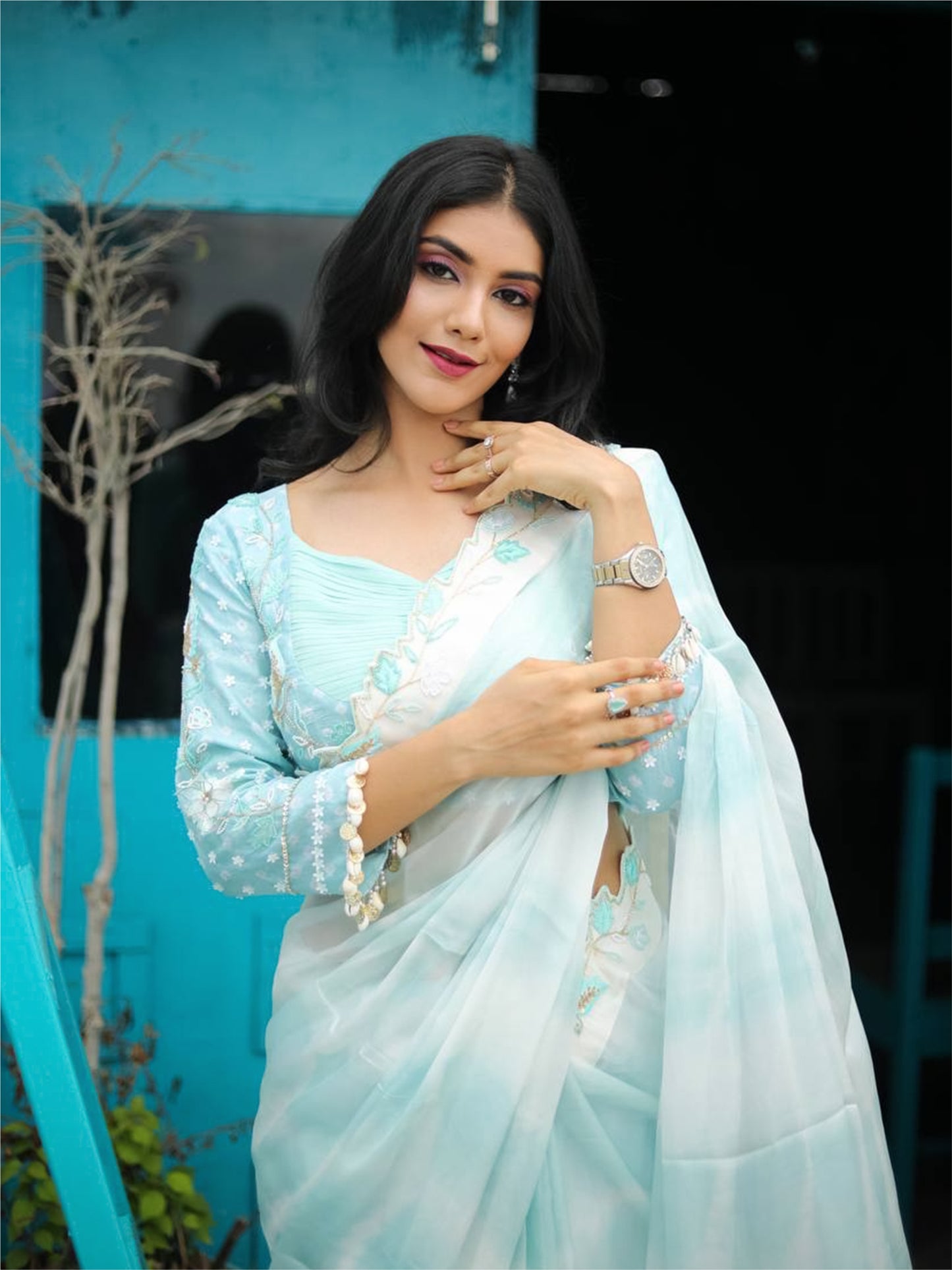 Modern custom size soft silk blue saree by harry wed kelly. 