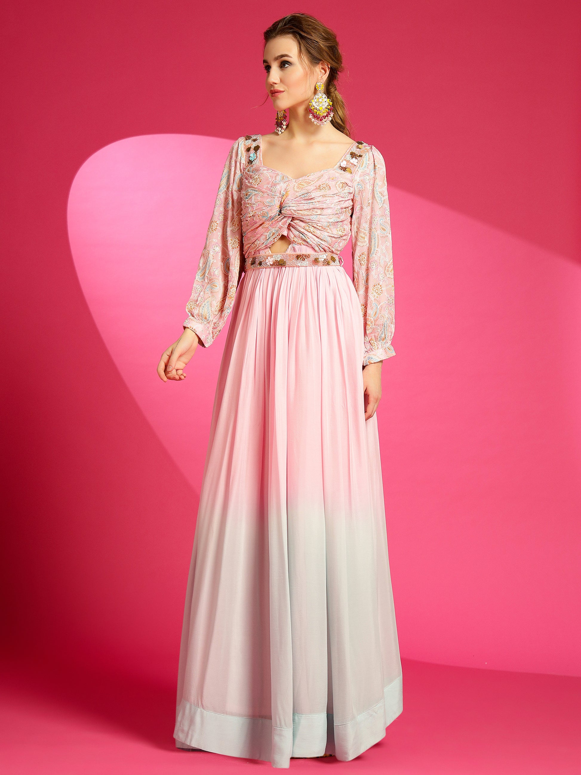 Pastel color designer gown for festivals and special occasions.