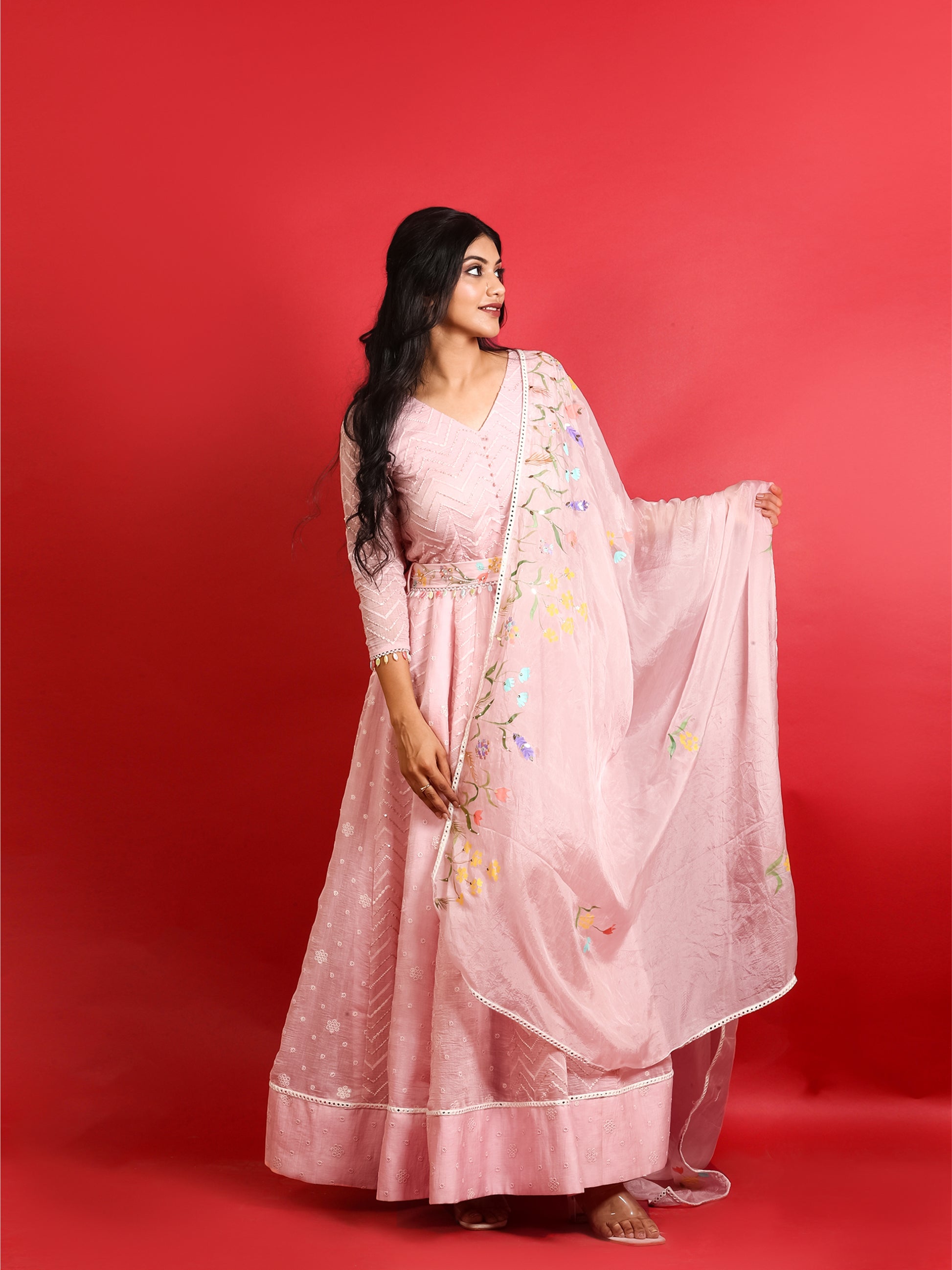 Pink anarkali crafted from chanderi fabric, ideal for eid and diwali.