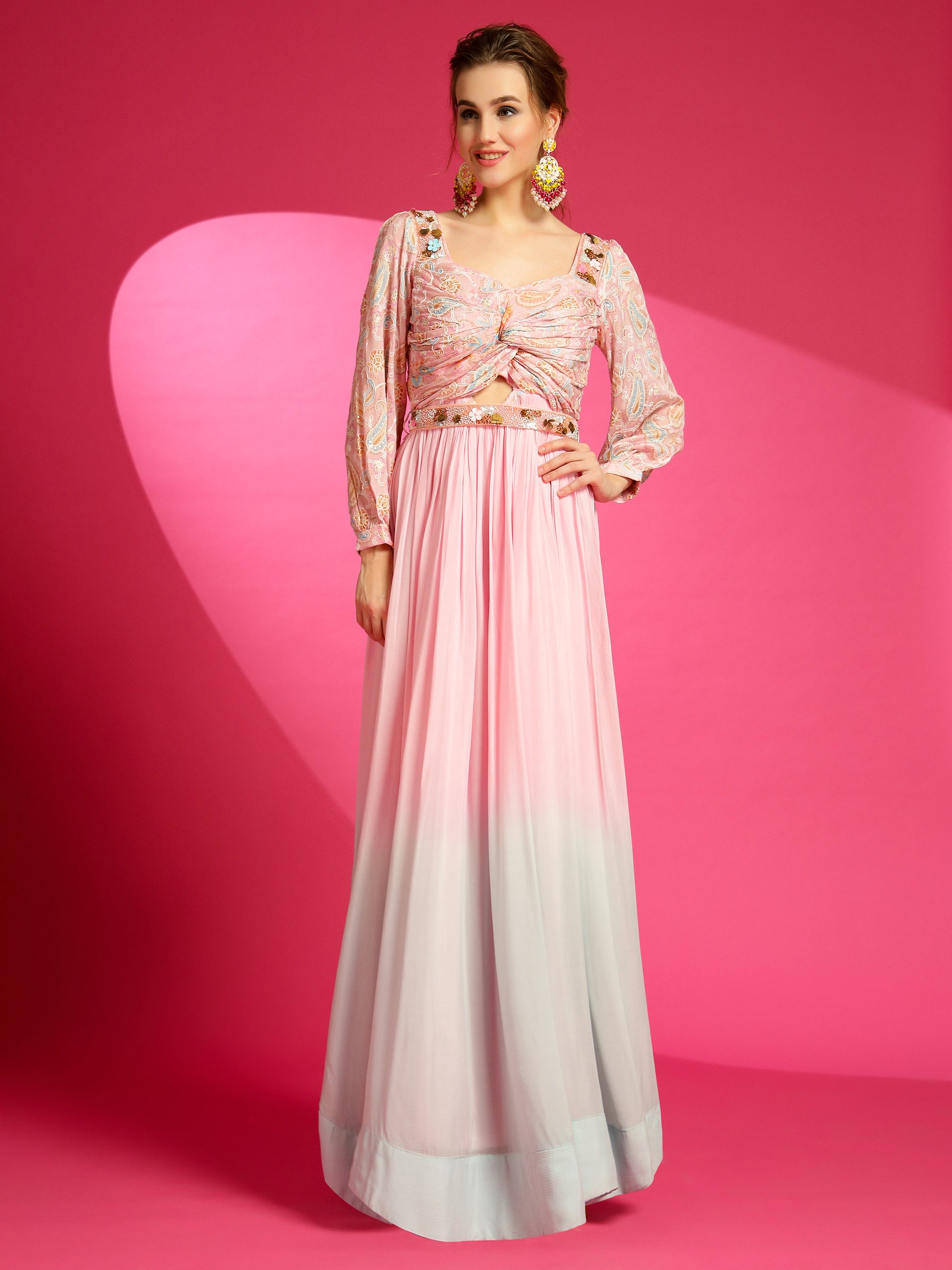 Shaded pink designer Gown for pre wedding events, and festivals by harry wed kelly.