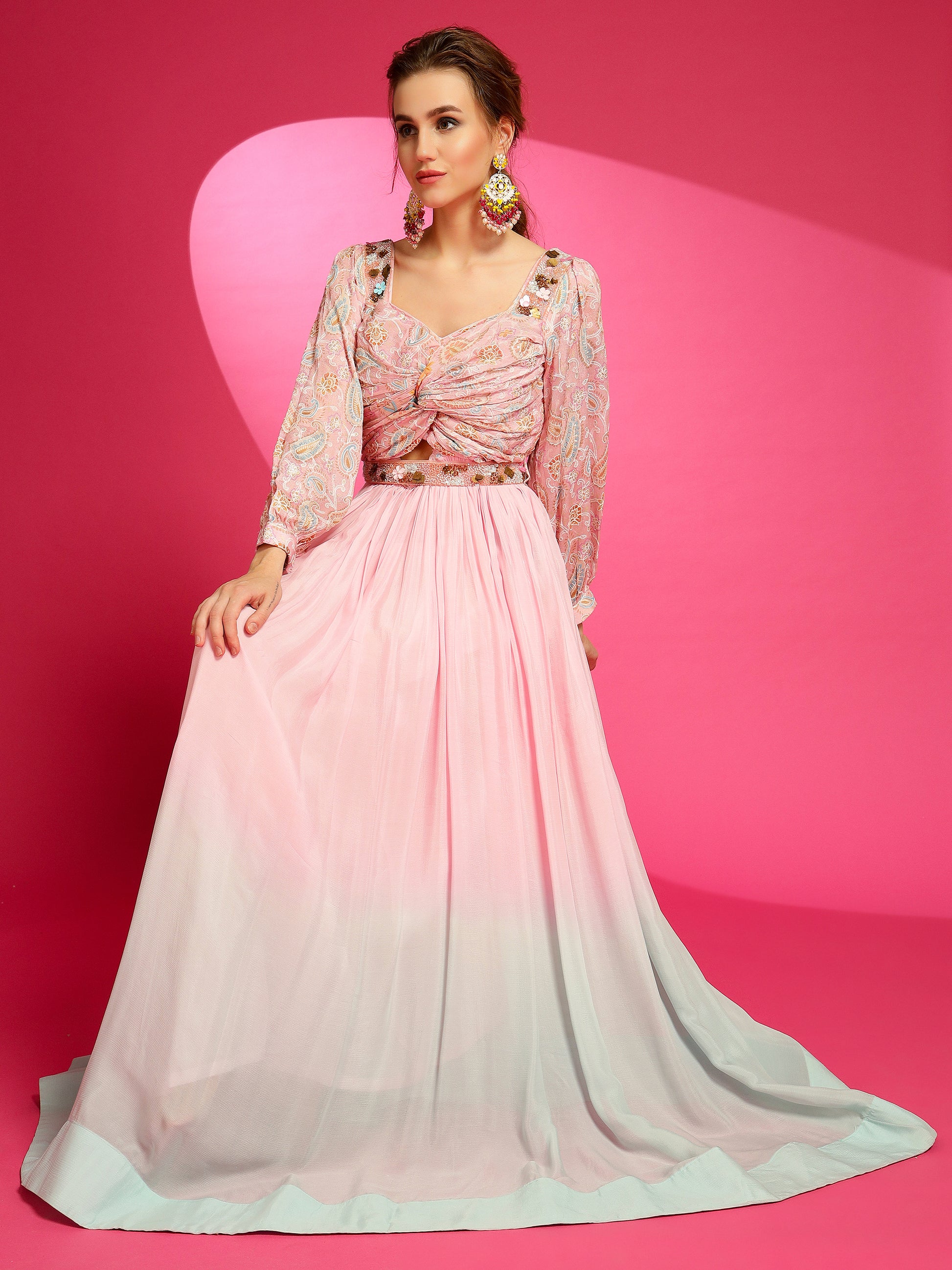 shaded pink embroidered gown by harry wed kelly.