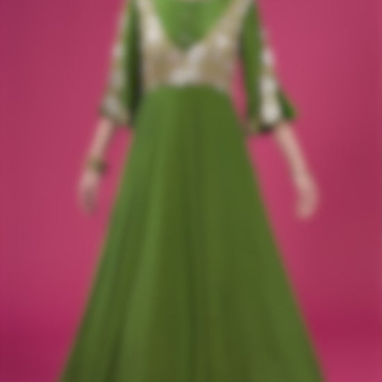 Olive green designer gown silk bandhej dupatta by Harry wed kelly.