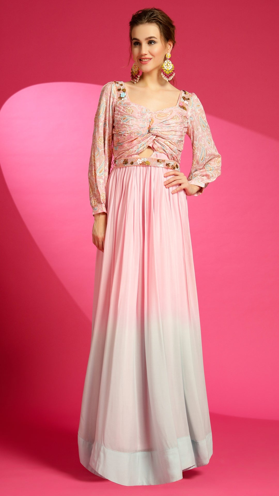 Shaded Pink designer gown for eid, Diwali, and wedding functions. 