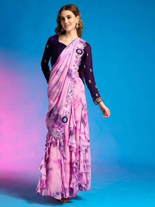 Lilac and blue drape saree, with zari and sequin work across on sleeves. by harry wed kelly.