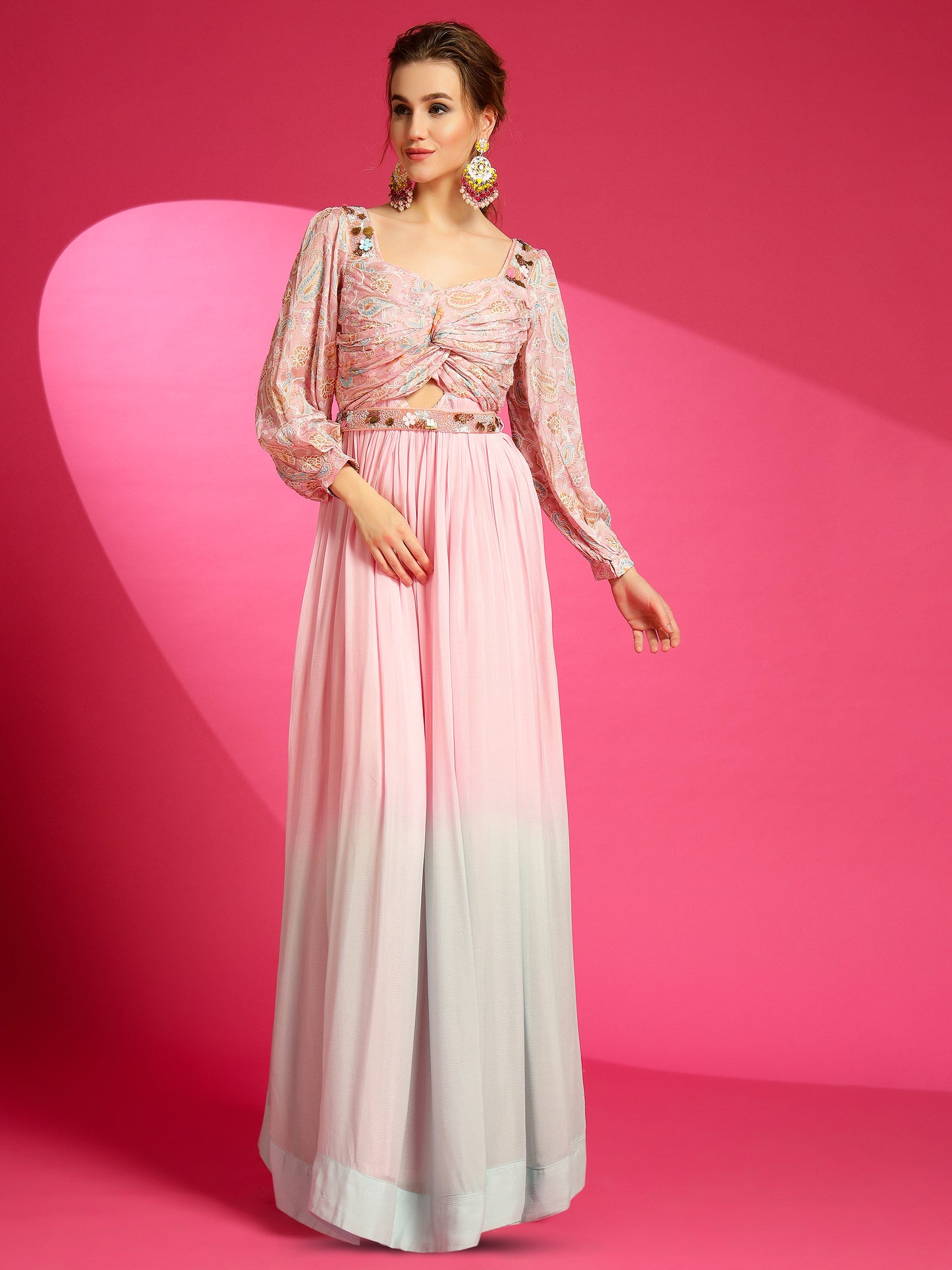 Shaded pink to blue knotted gown with matellic chips.