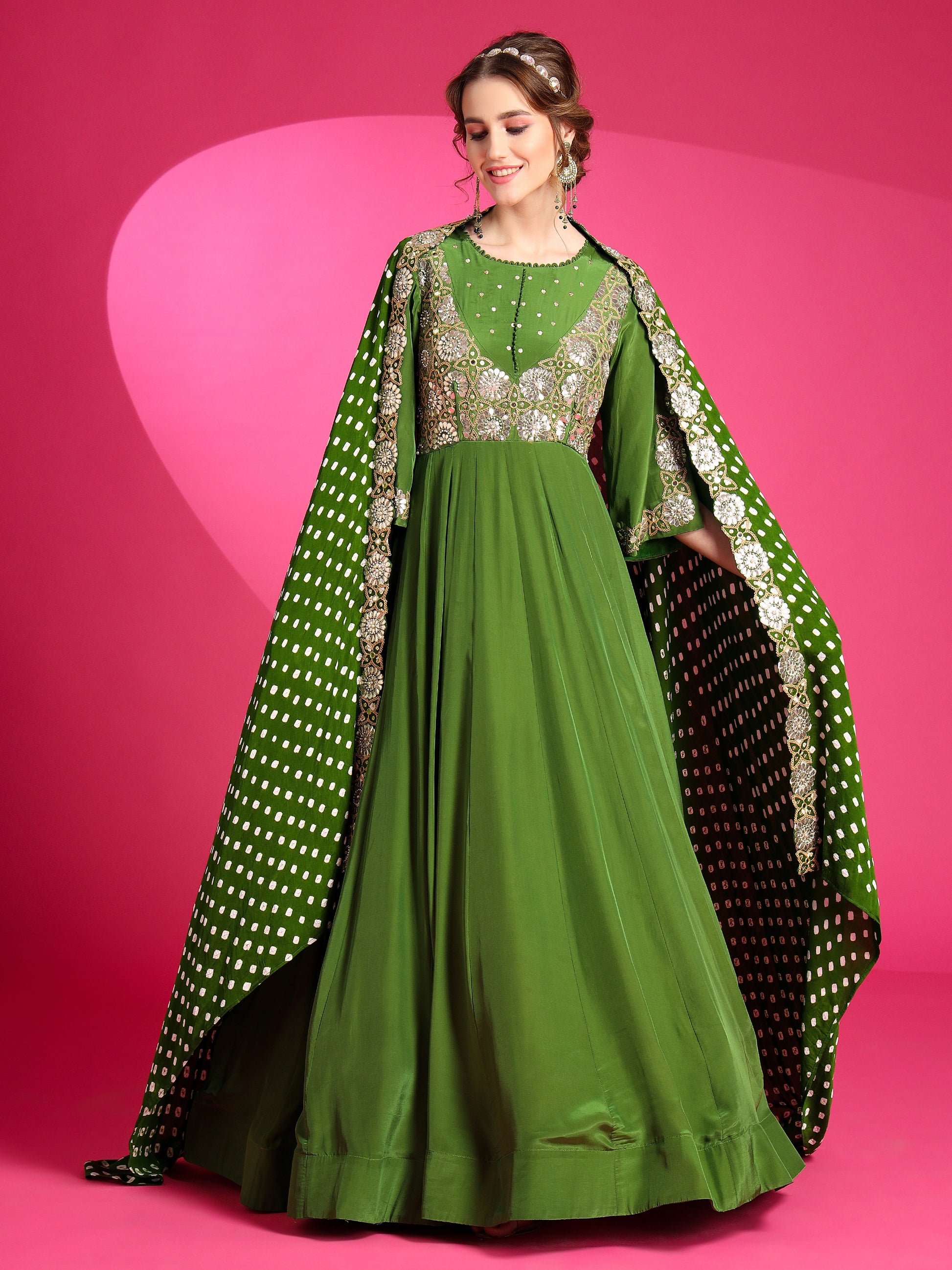 Olive drab custom size designer gown by harry wed kelly.