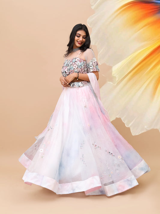 Tie & Dye designer lehenga with waist belt by Harry Wed Kelly.