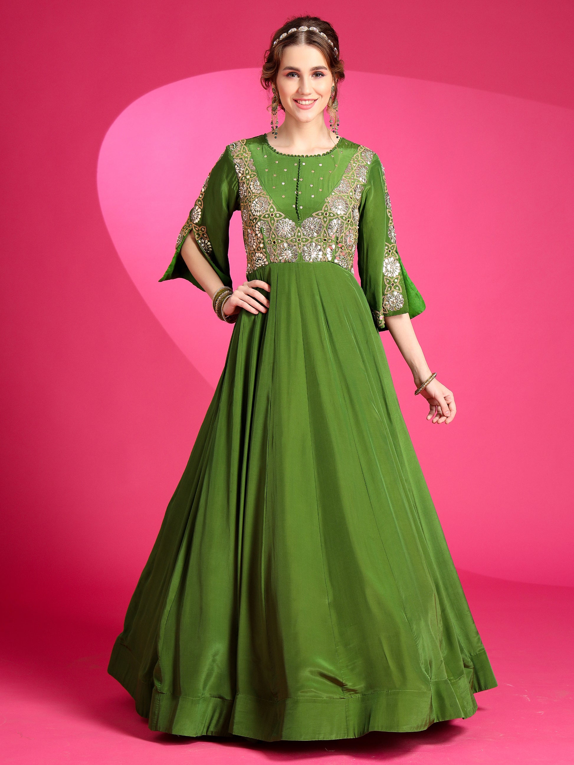 Olive green handmade gown for traditional events.