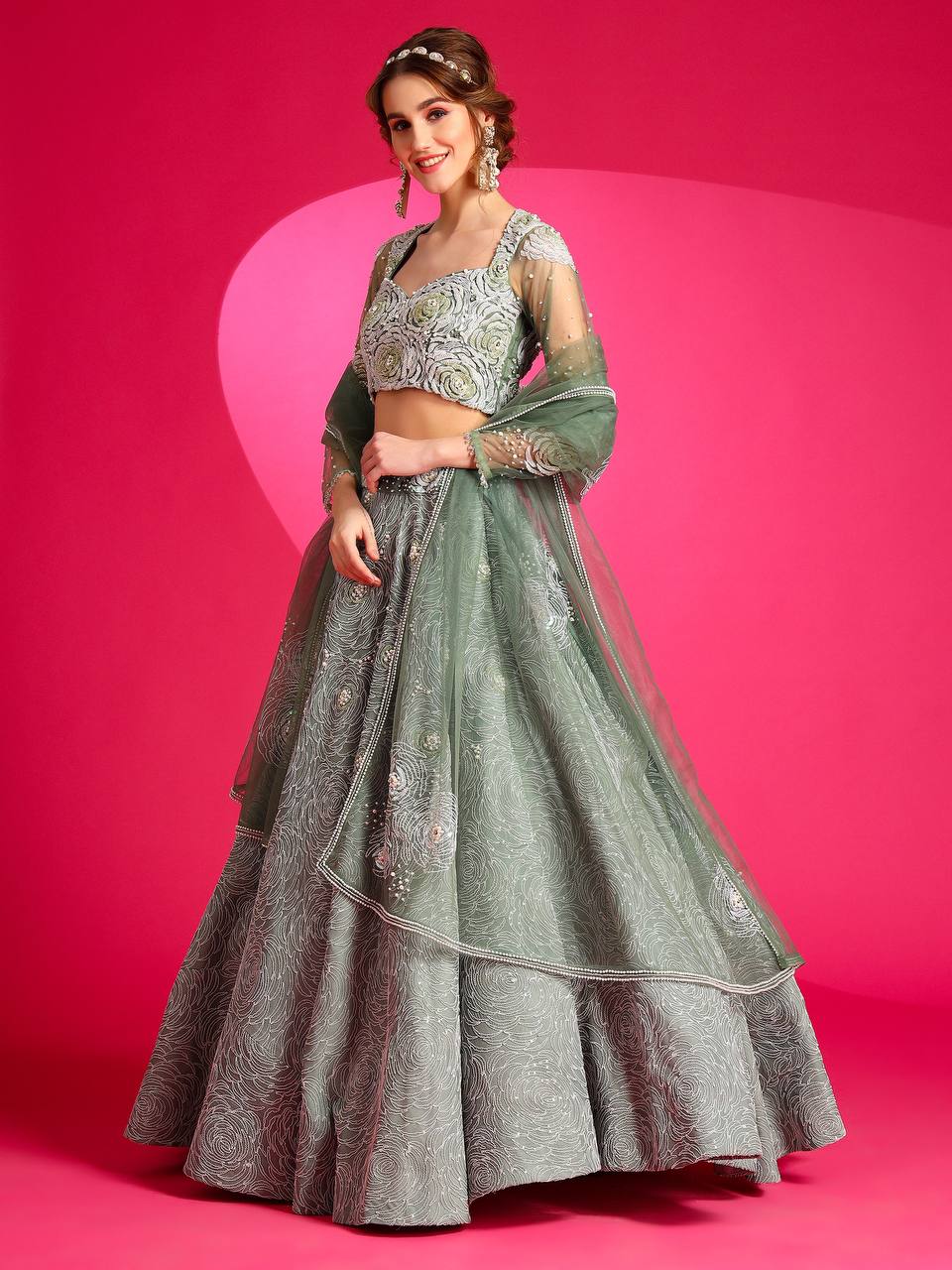 camouflage green lehenga set a perfect choice for traditional events.