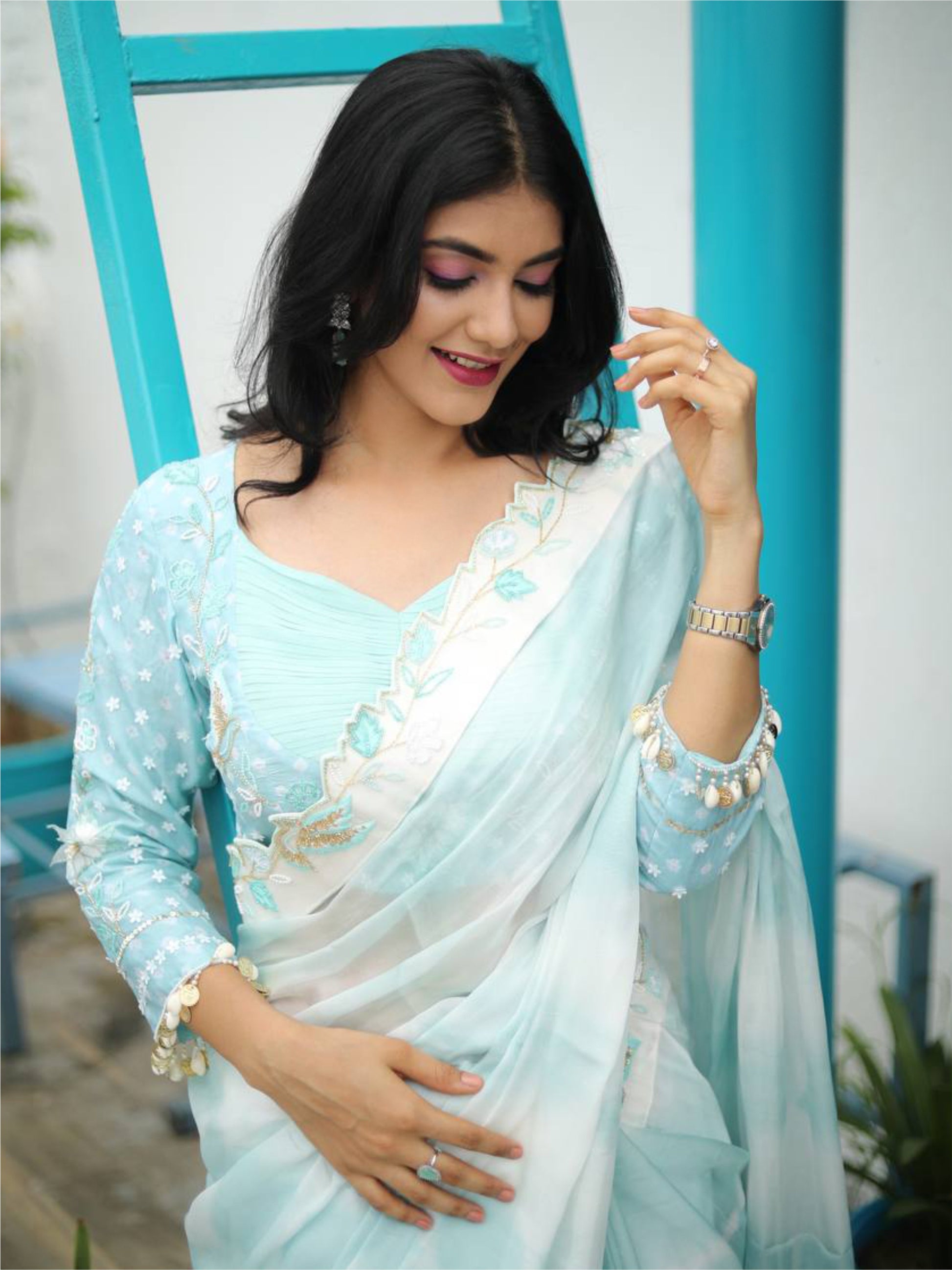 Hand dyed blue saree with Tussar silk bandhej blouse.