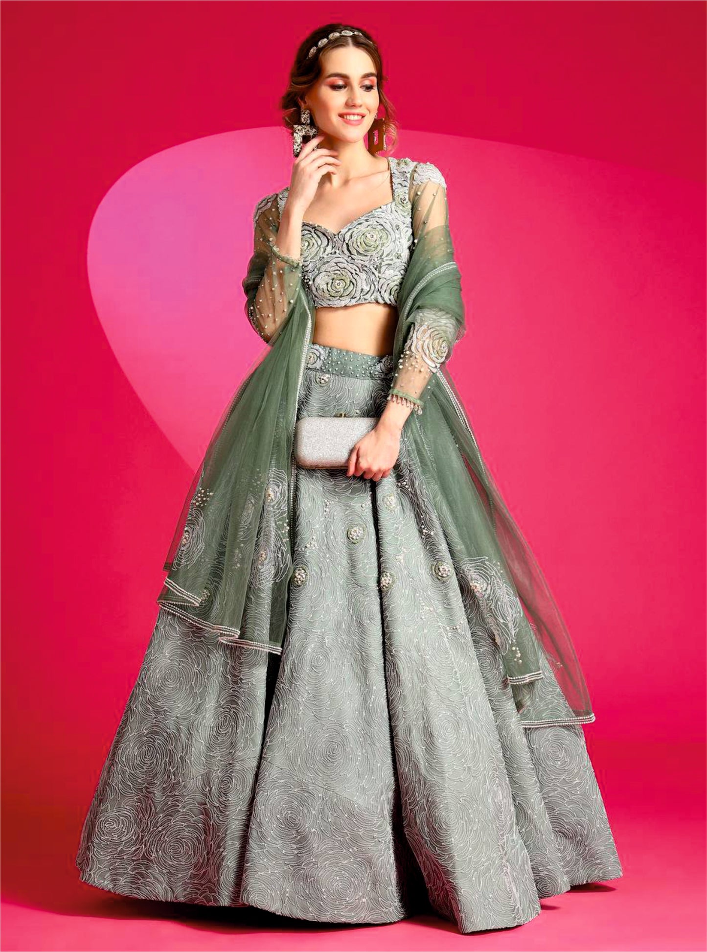 Camouflage Green designer lehenga set by harry wed kelly. 